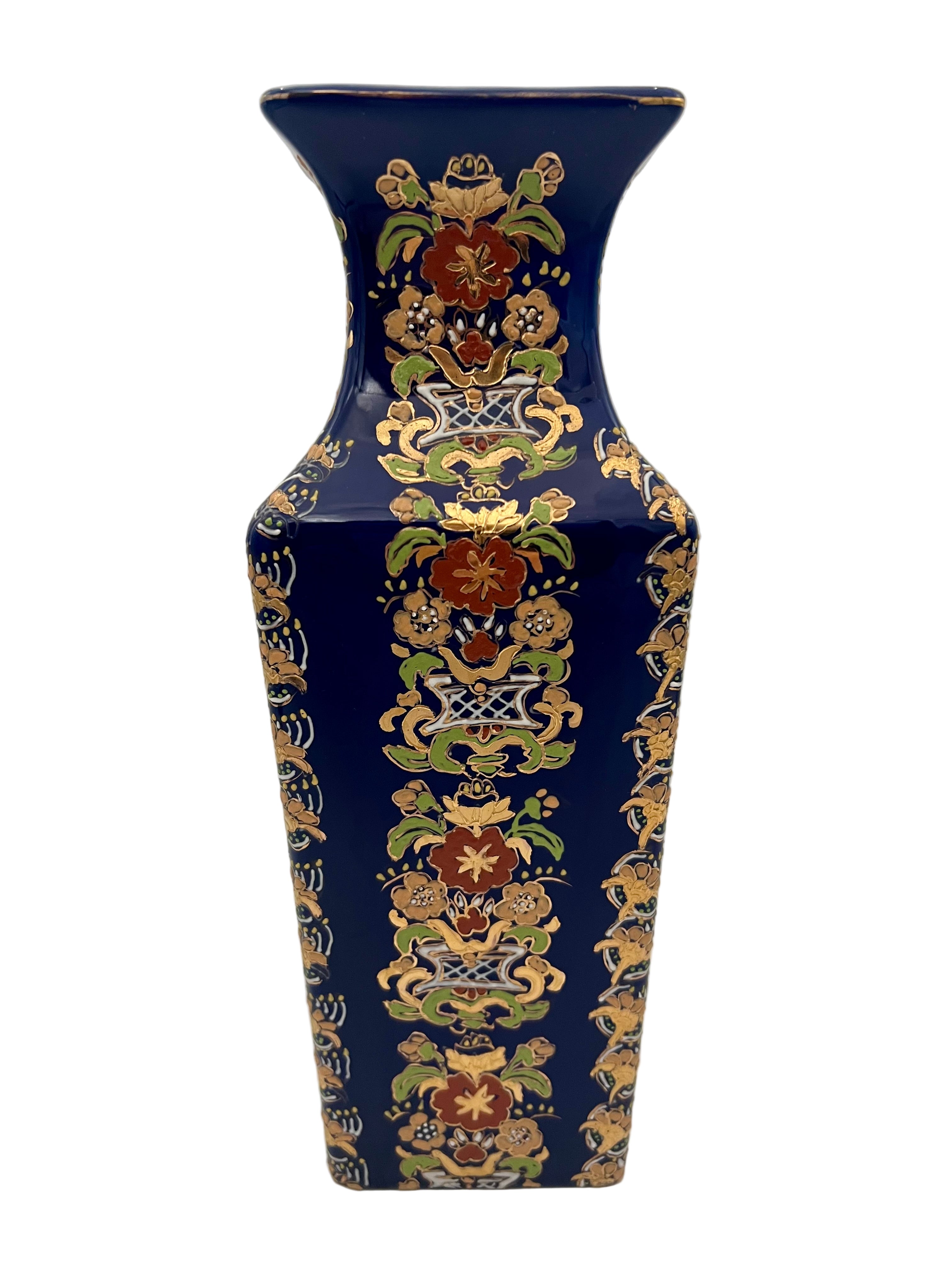 VINTAGE 1970S COBALT BLUE HAND PAINTED SQUARE VASE WITH RAISED GILT FLORAL MOTIF | TALL HOLLYWOOD REGENCY DECOR