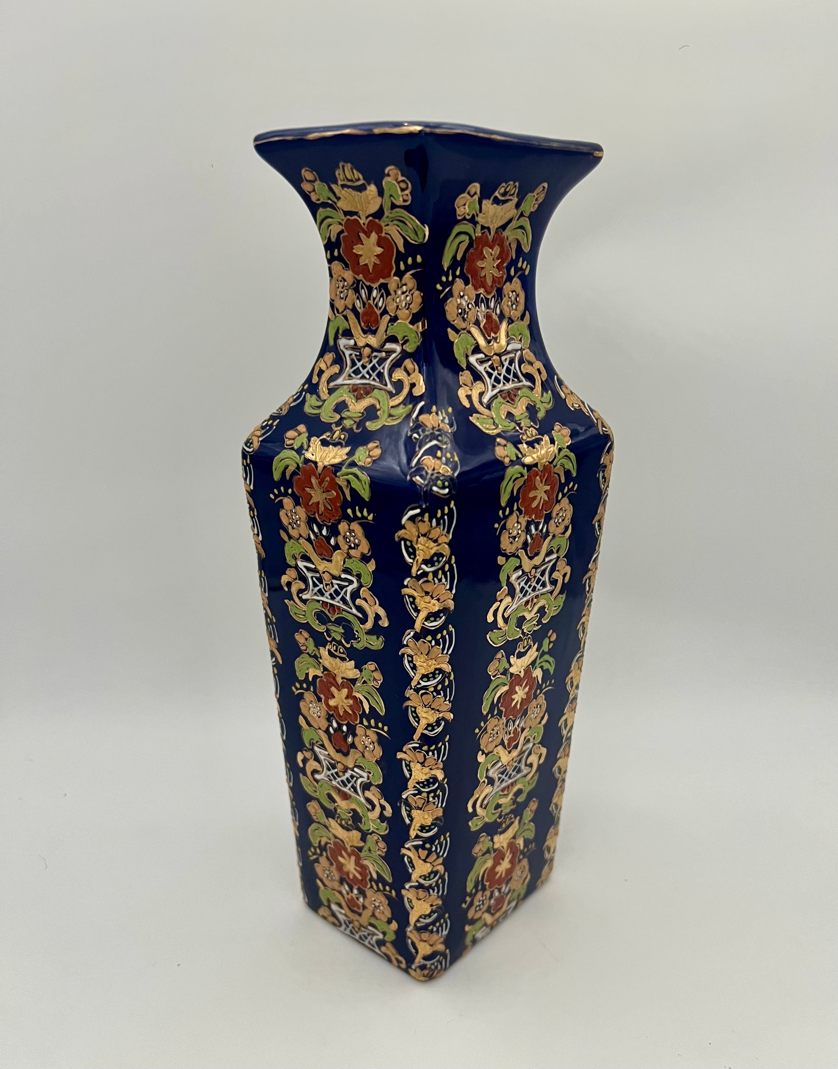 VINTAGE 1970S COBALT BLUE HAND PAINTED SQUARE VASE WITH RAISED GILT FLORAL MOTIF | TALL HOLLYWOOD REGENCY DECOR
