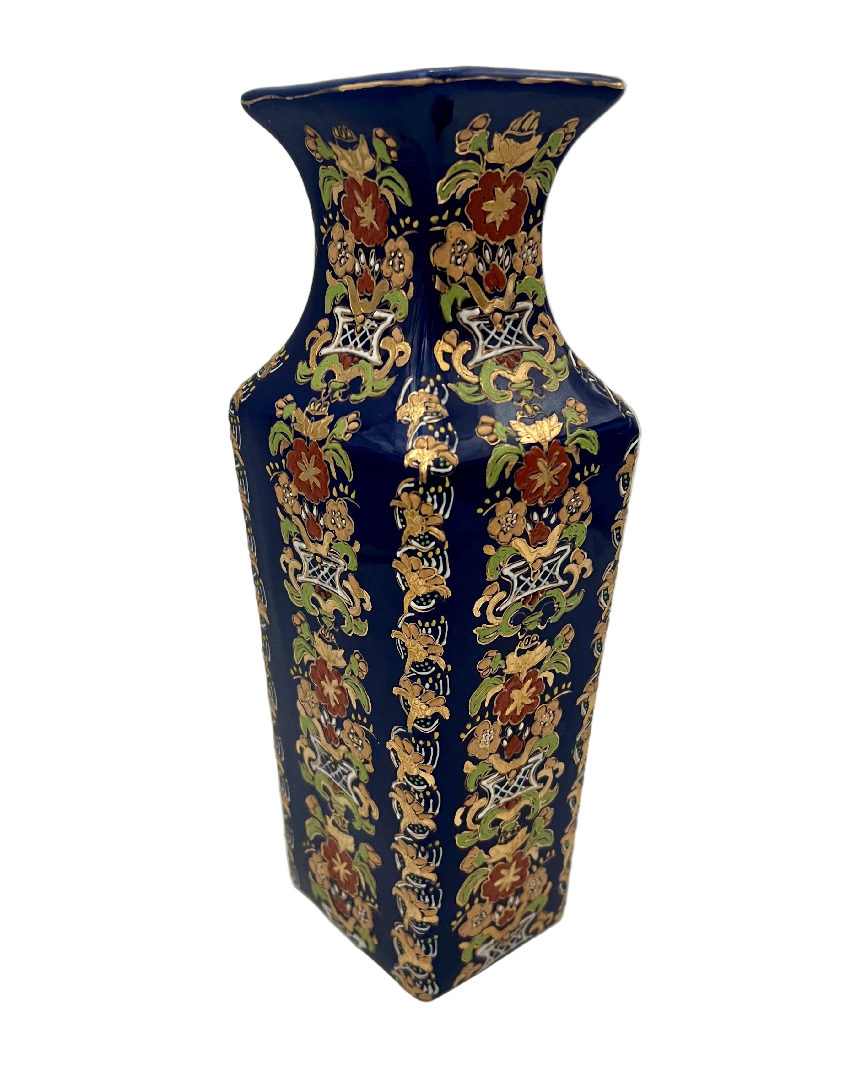 VINTAGE 1970S COBALT BLUE HAND PAINTED SQUARE VASE WITH RAISED GILT FLORAL MOTIF | TALL HOLLYWOOD REGENCY DECOR