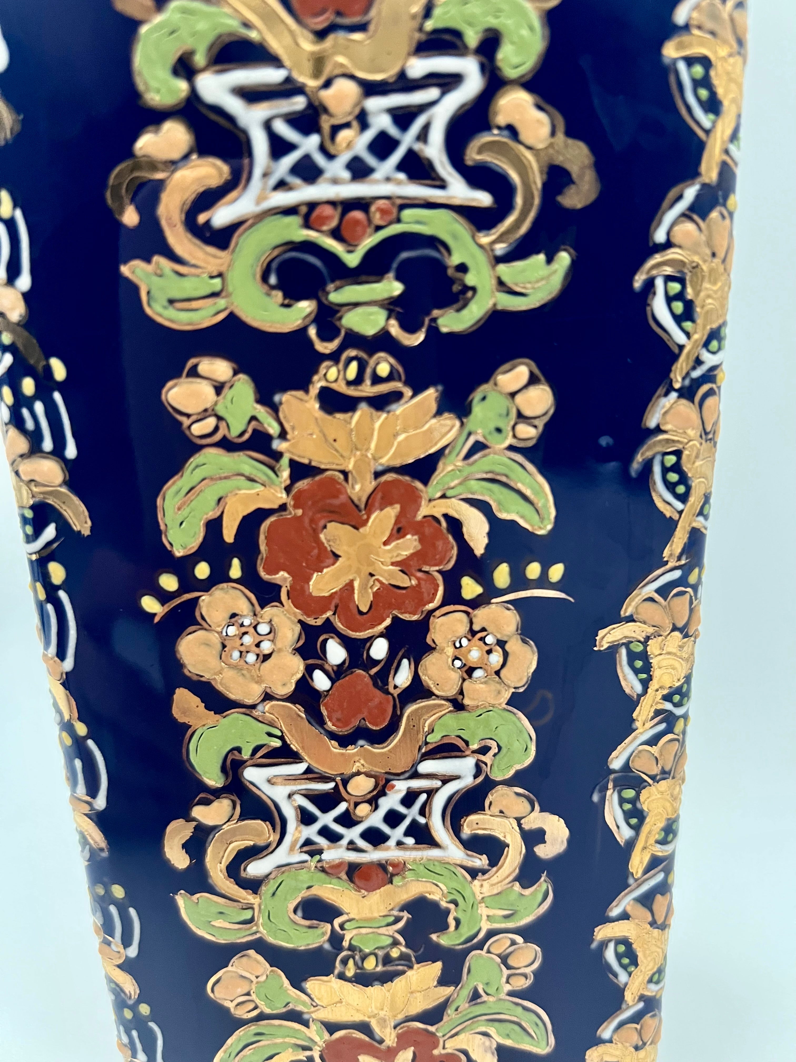 VINTAGE 1970S COBALT BLUE HAND PAINTED SQUARE VASE WITH RAISED GILT FLORAL MOTIF | TALL HOLLYWOOD REGENCY DECOR