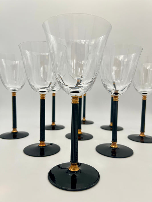 VINTAGE set of 8 1990s SASAKI TUCANO BLACK STEM WITH GOLD ACCENT WATER/WINE GOBLET