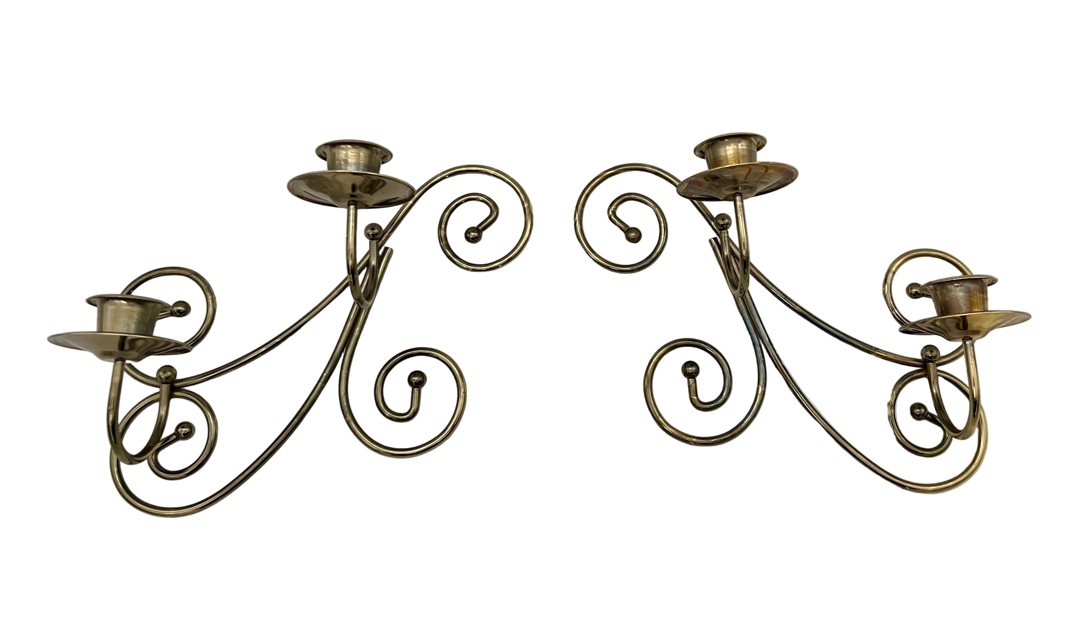 VINTAGE BRASS DOUBLE CANDLE WALL HOLDERS – SCROLL DESIGN – HOLLYWOOD REGENCY PAIR