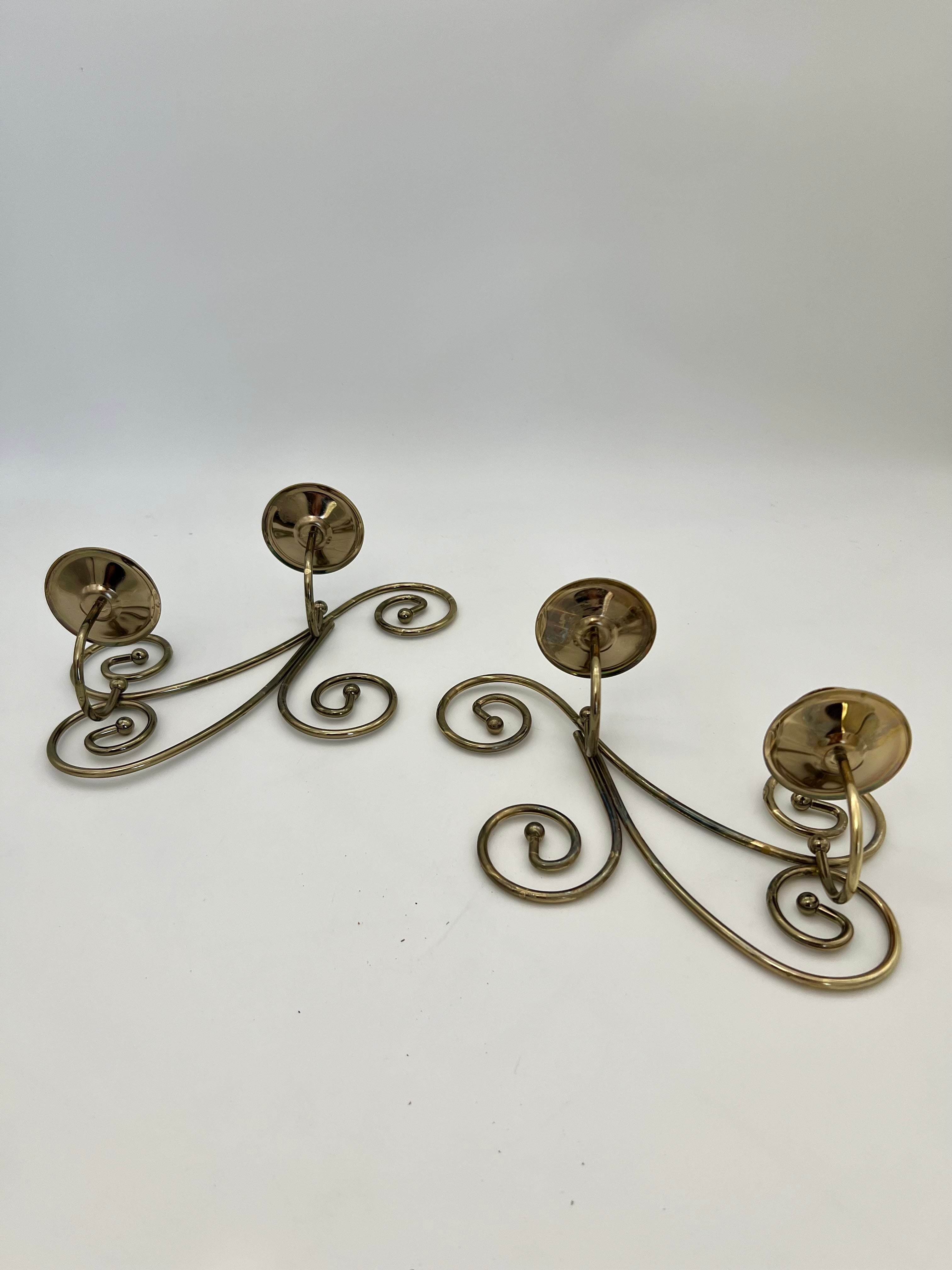 VINTAGE BRASS DOUBLE CANDLE WALL HOLDERS – SCROLL DESIGN – HOLLYWOOD REGENCY PAIR