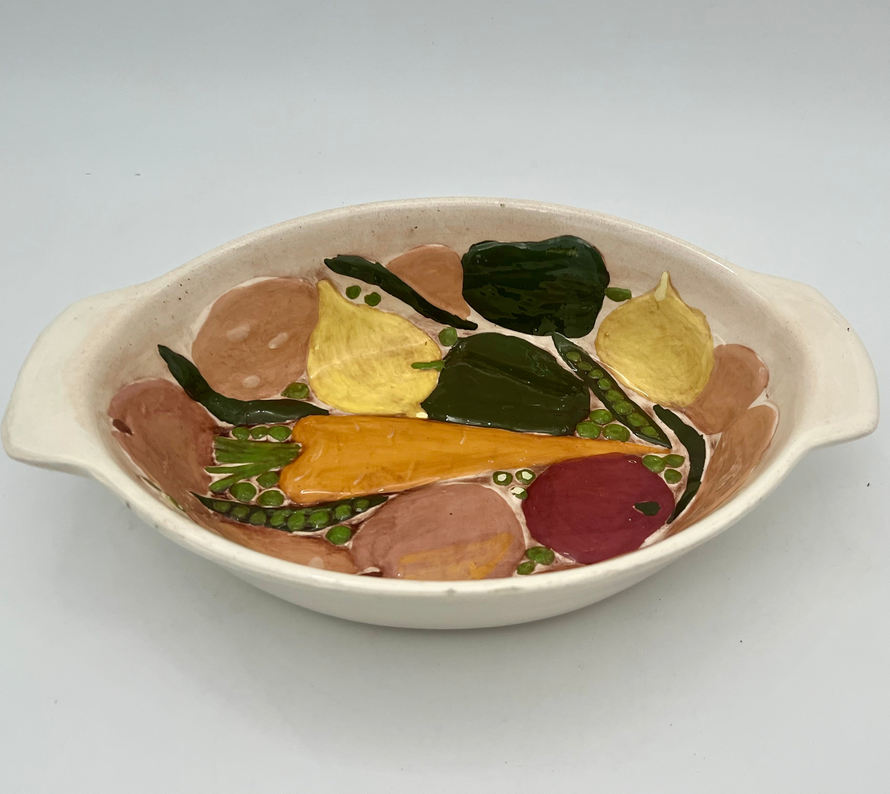 VINTAGE HAND-PAINTED VEGETABLE RELIEF CERAMIC CASSEROLE DISH – SIGNED “TH”, MID-CENTURY STUDIO POTTERY