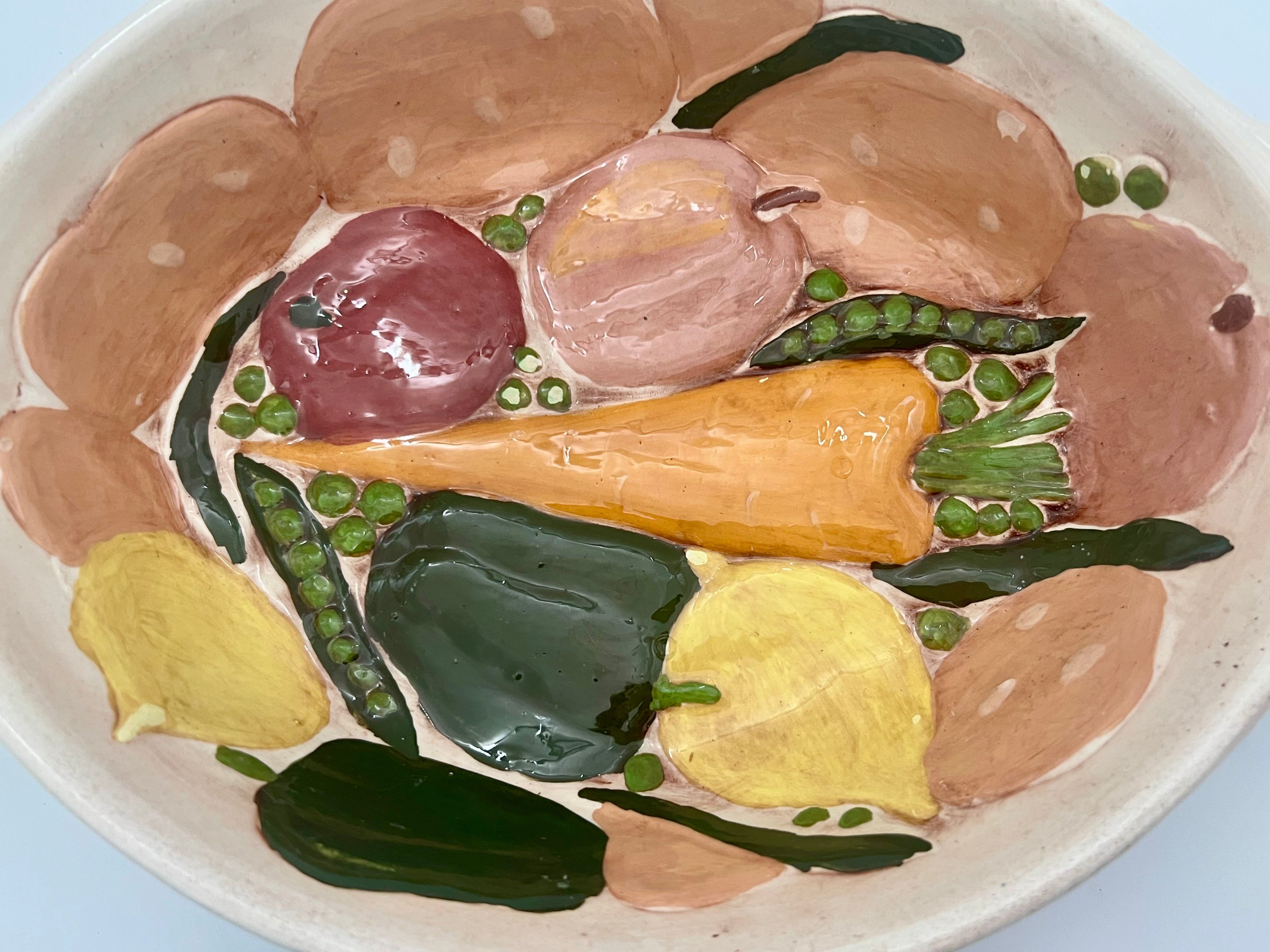 VINTAGE HAND-PAINTED VEGETABLE RELIEF CERAMIC CASSEROLE DISH – SIGNED “TH”, MID-CENTURY STUDIO POTTERY