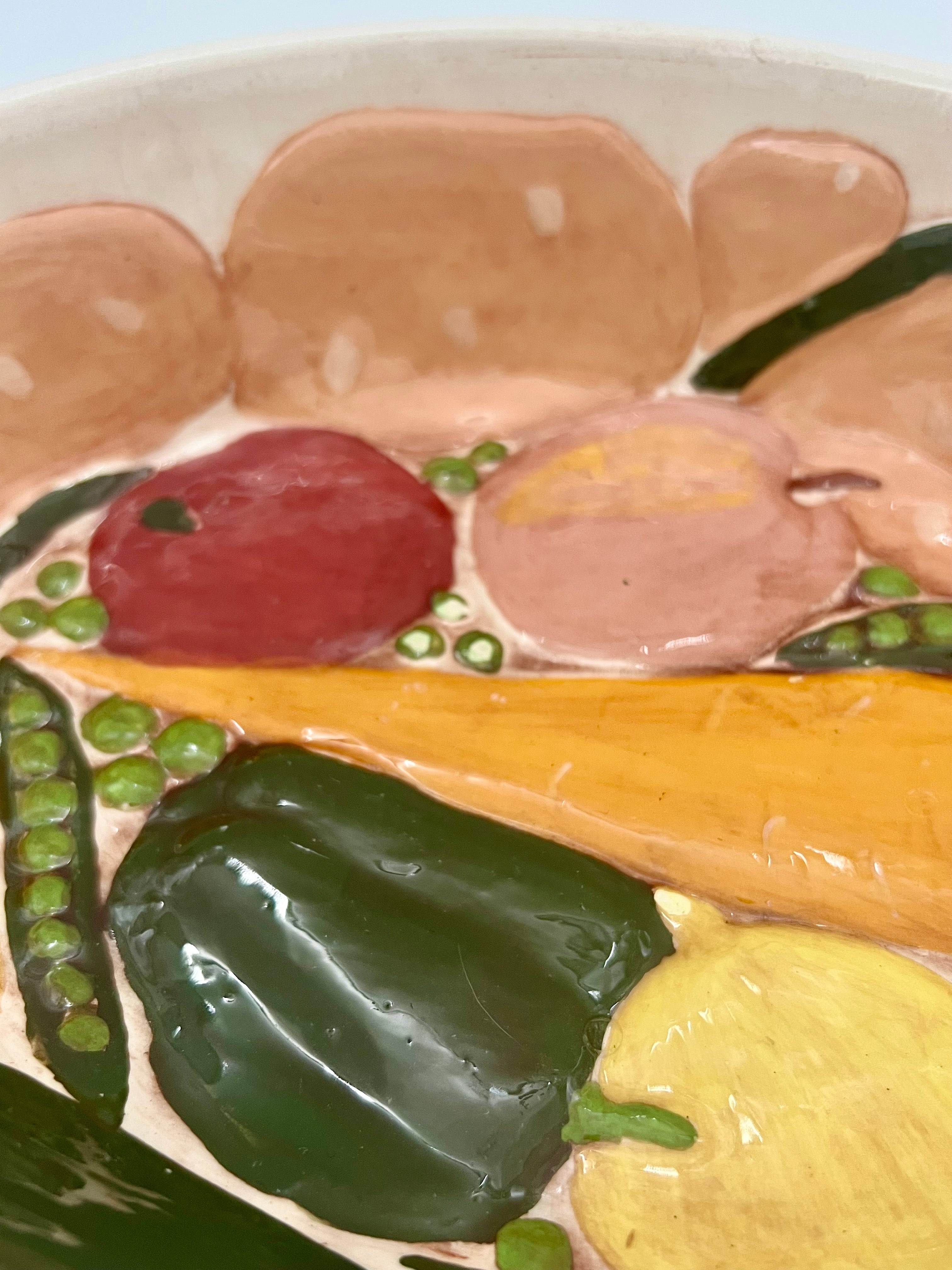 VINTAGE HAND-PAINTED VEGETABLE RELIEF CERAMIC CASSEROLE DISH – SIGNED “TH”, MID-CENTURY STUDIO POTTERY