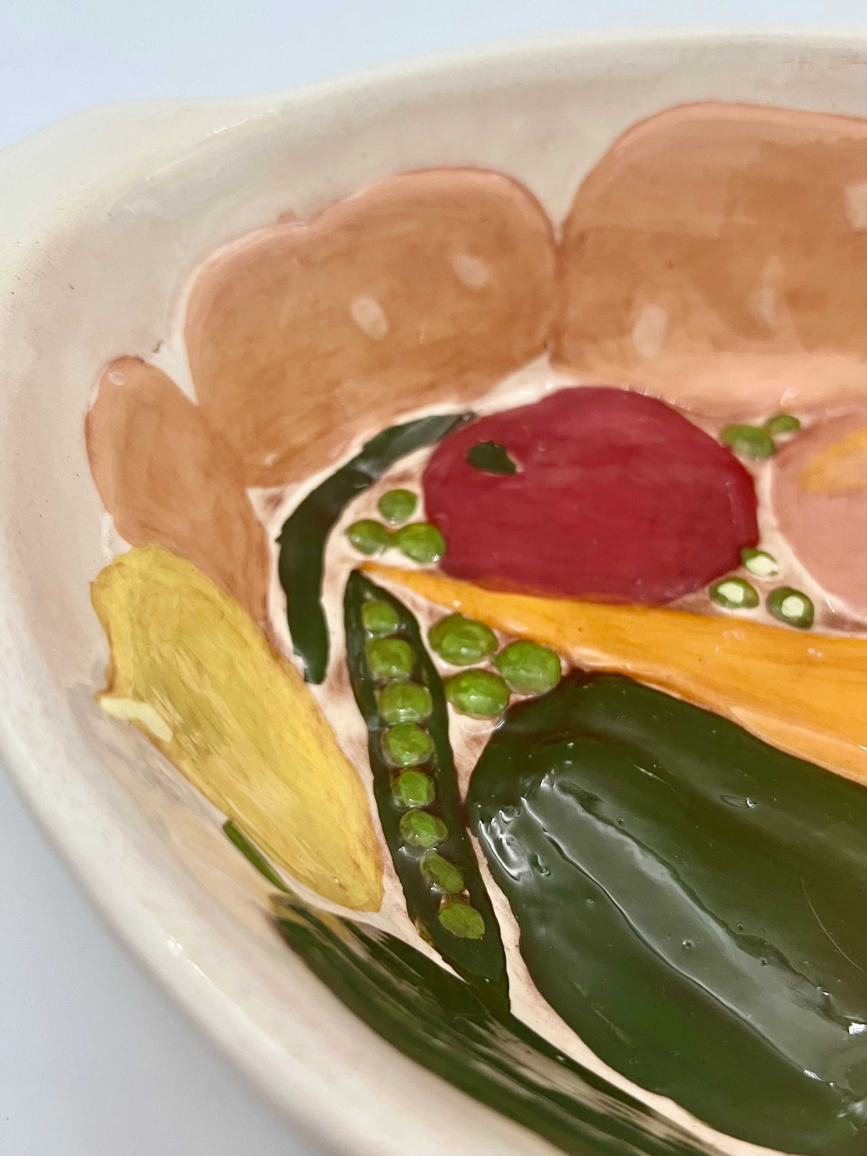 VINTAGE HAND-PAINTED VEGETABLE RELIEF CERAMIC CASSEROLE DISH – SIGNED “TH”, MID-CENTURY STUDIO POTTERY