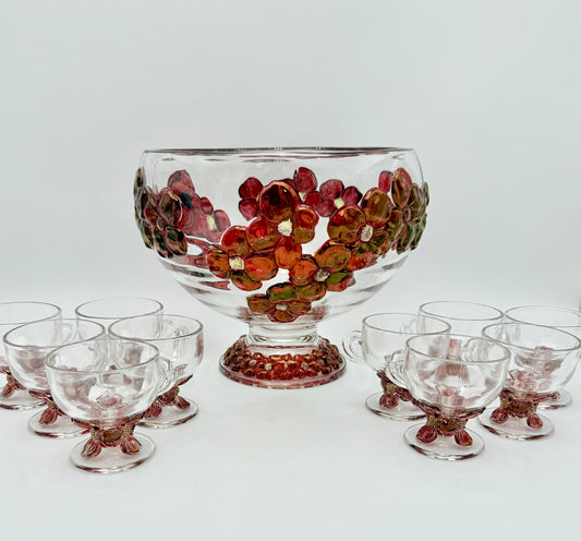 RARE VINTAGE 1940s COLONY GLASS MOLDED RUBY DOGWOOD PUNCH BOWL SET