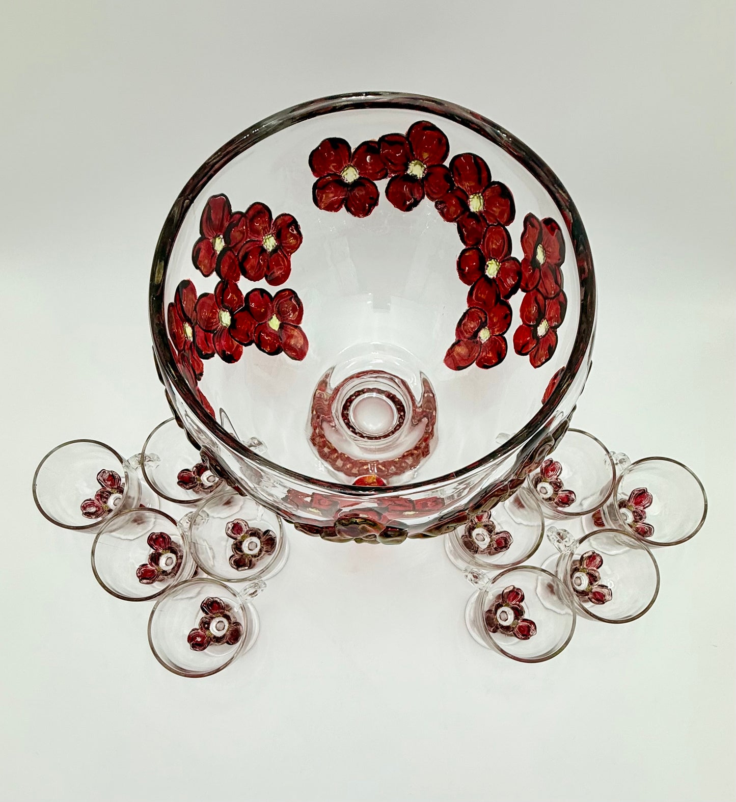 RARE VINTAGE 1940s COLONY GLASS MOLDED RUBY DOGWOOD PUNCH BOWL SET