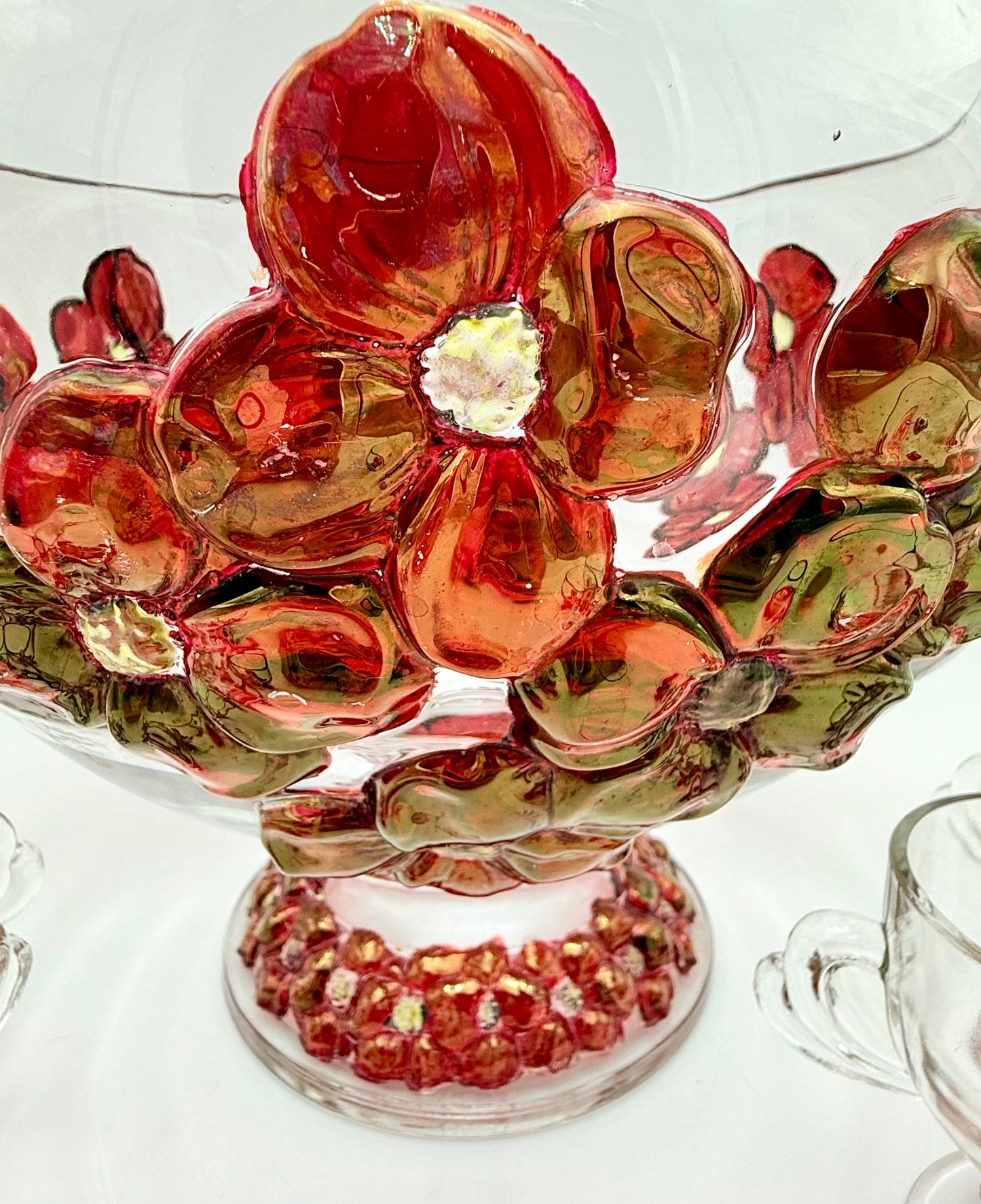 RARE VINTAGE 1940s COLONY GLASS MOLDED RUBY DOGWOOD PUNCH BOWL SET