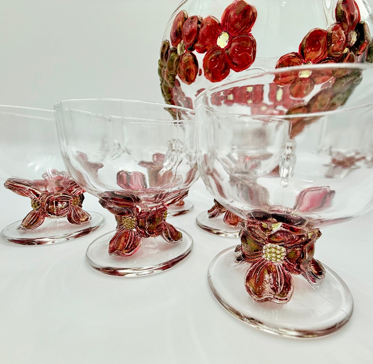 RARE VINTAGE 1940s COLONY GLASS MOLDED RUBY DOGWOOD PUNCH BOWL SET
