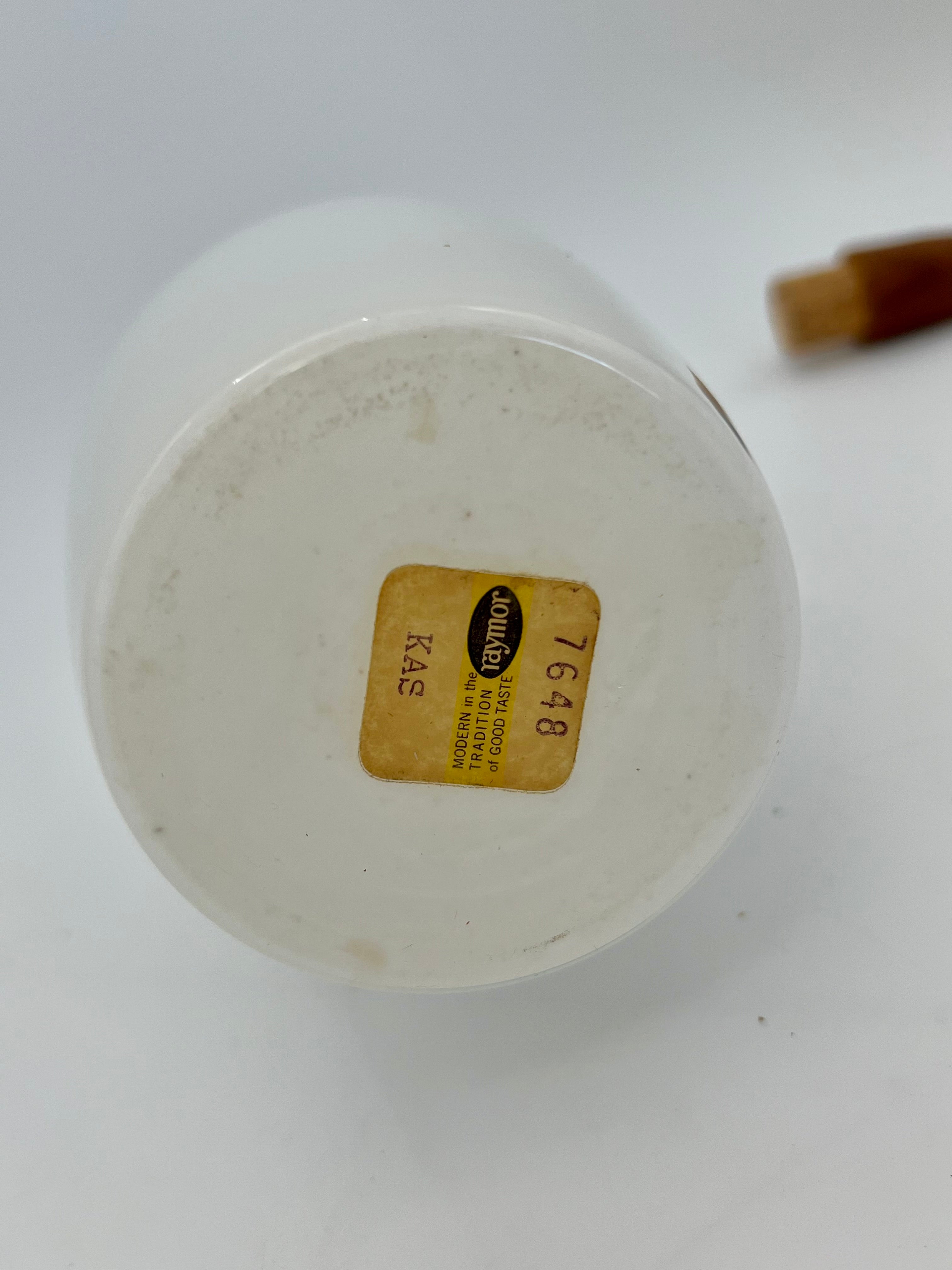 MID-CENTURY MODERN RAYMOR WHITE GLASS DECANTER WITH WOODEN STOPPER