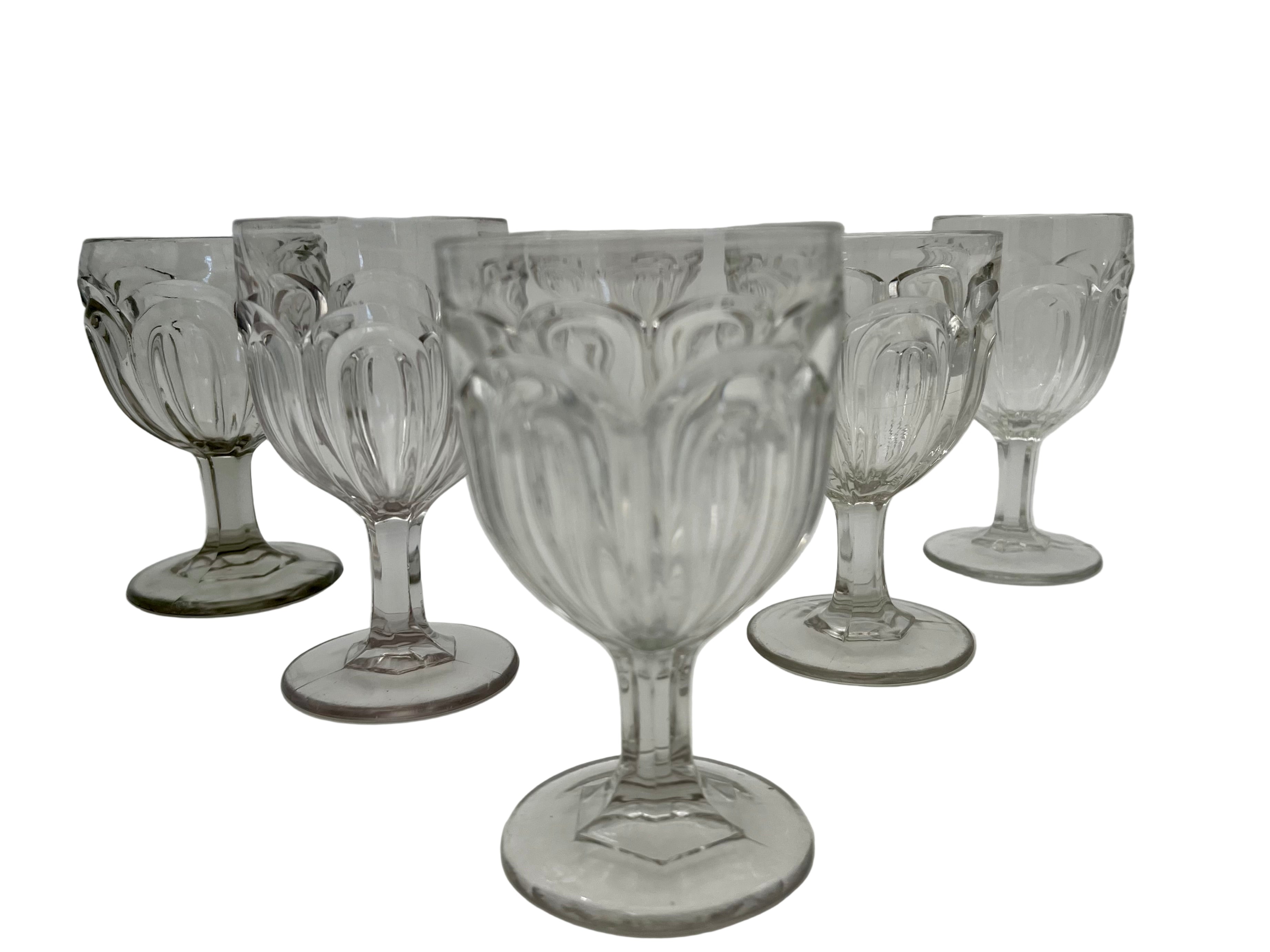 VINTAGE PRESSED GLASS FLUTED WINE GOBLETS SET OF 6 | EUROPEAN BISTRO STEMWARE | CLEAR GLASS TABLEWARE