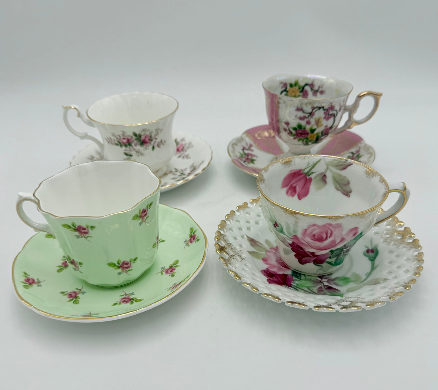ECLECTIC WHIMSY CURATED SET OF 4 FINE TEACUPS