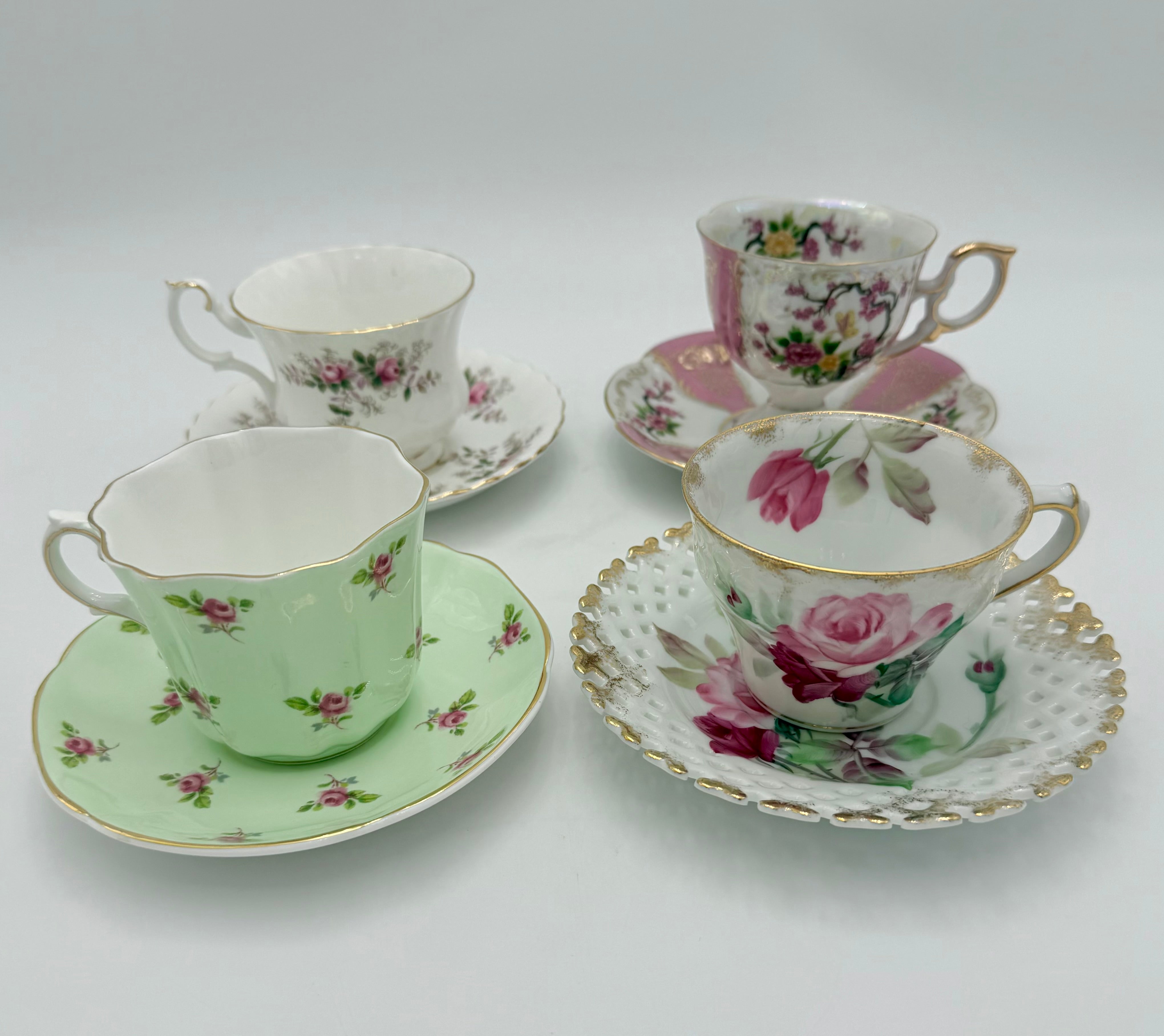 VINTAGE ECLECTIC WHIMSY CURATED TEACUP & SAUCER SET — LEFTON • ROYAL HALSEY • ROYAL GRAFTON • ROYAL ALBERT