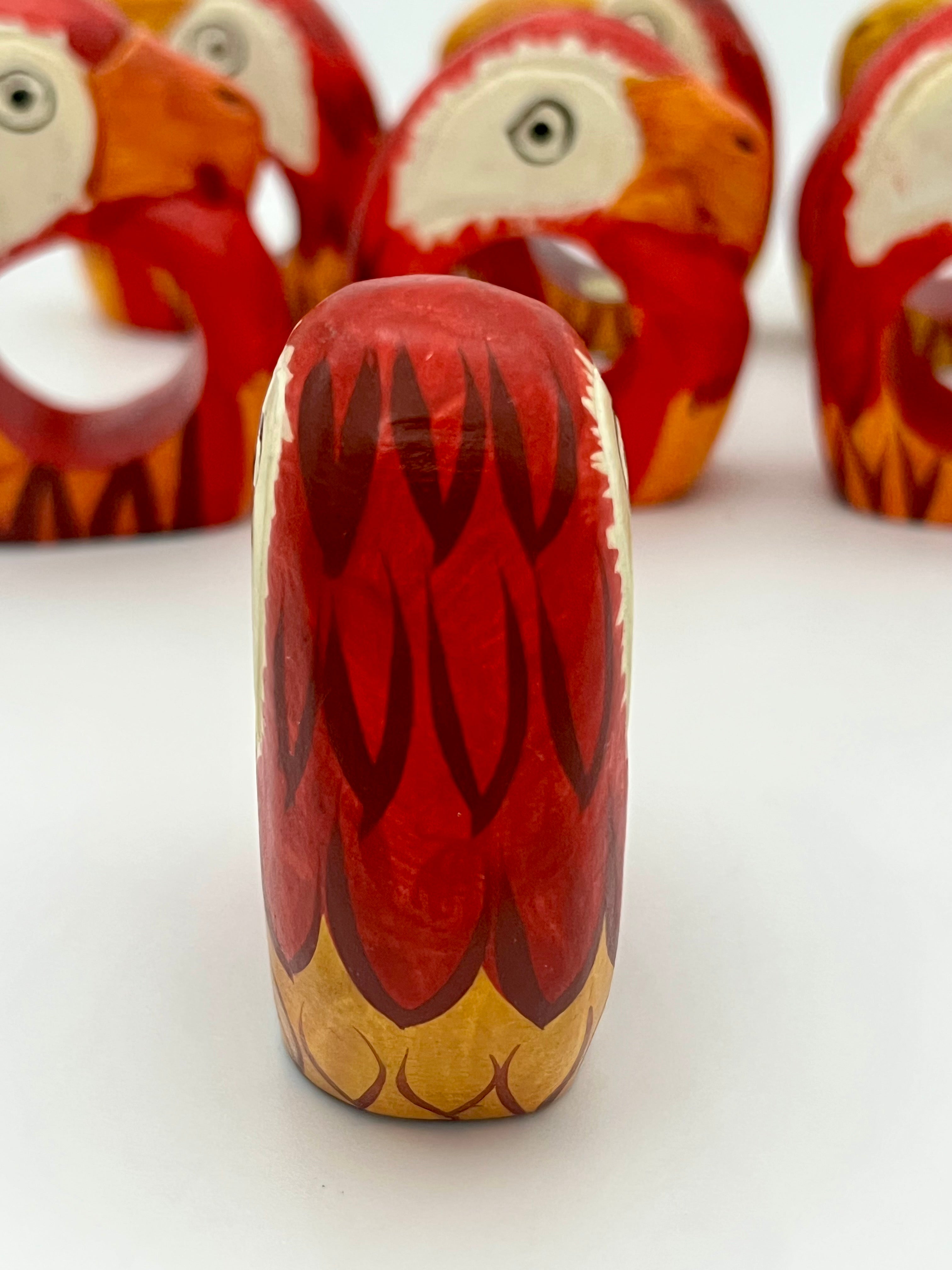 VINTAGE HAND CARVED PARROT NAPKIN RINGS SET OF 8 — MADE IN THE PHILIPPINES — 1970s–1990s FOLK ART WOODEN TABLEWARE