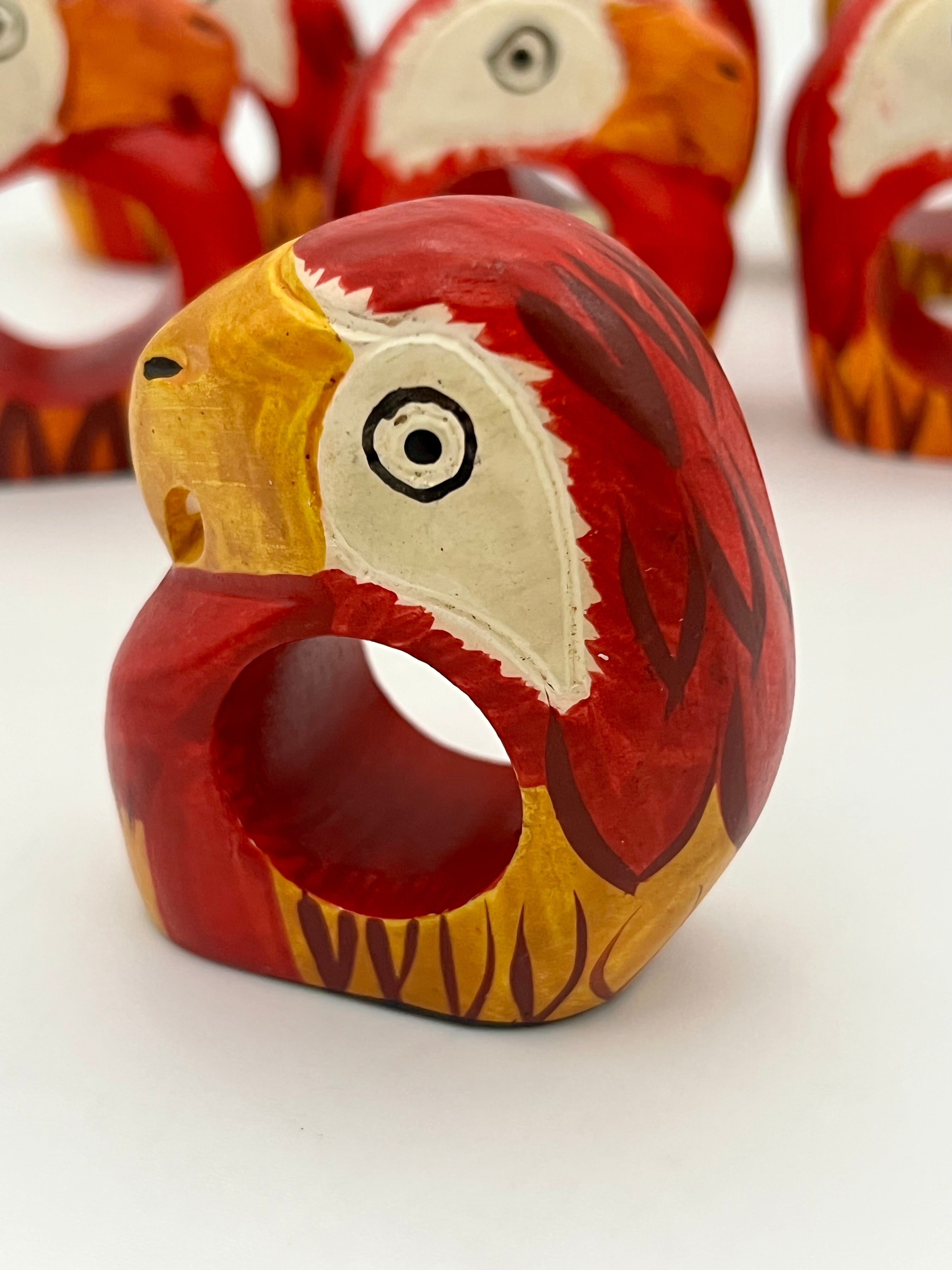VINTAGE HAND CARVED PARROT NAPKIN RINGS SET OF 8 — MADE IN THE PHILIPPINES — 1970s–1990s FOLK ART WOODEN TABLEWARE