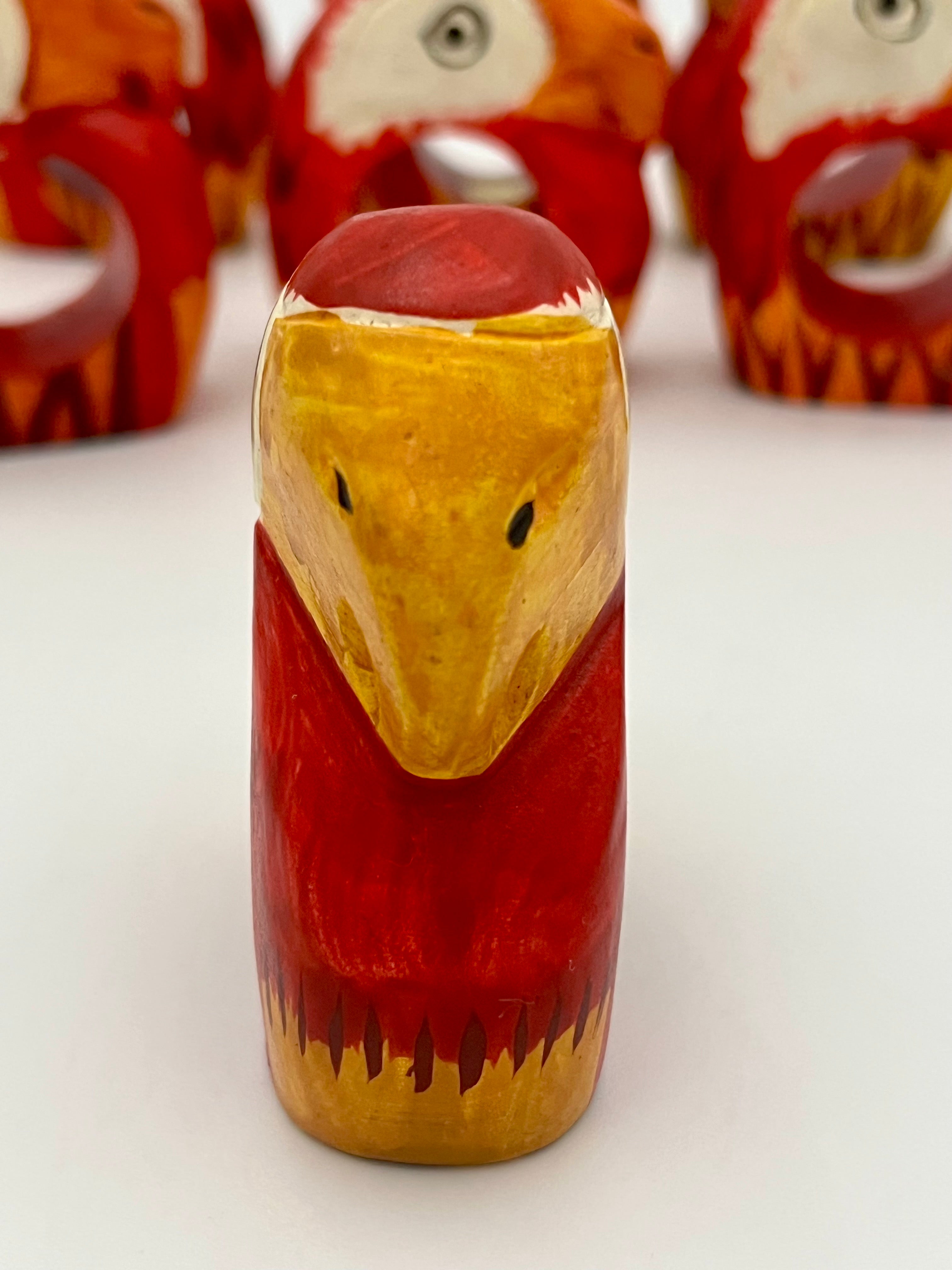 VINTAGE HAND CARVED PARROT NAPKIN RINGS SET OF 8 — MADE IN THE PHILIPPINES — 1970s–1990s FOLK ART WOODEN TABLEWARE
