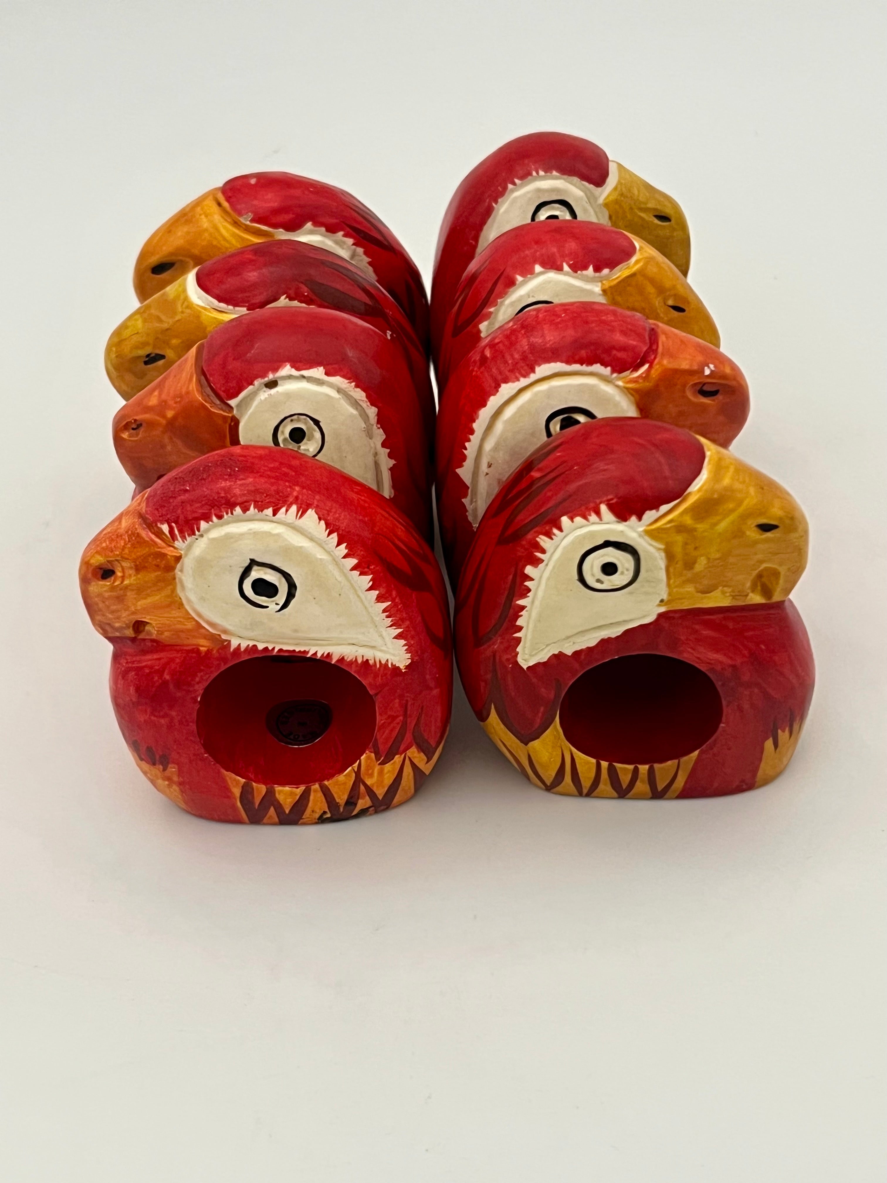 VINTAGE HAND CARVED PARROT NAPKIN RINGS SET OF 8 — MADE IN THE PHILIPPINES — 1970s–1990s FOLK ART WOODEN TABLEWARE