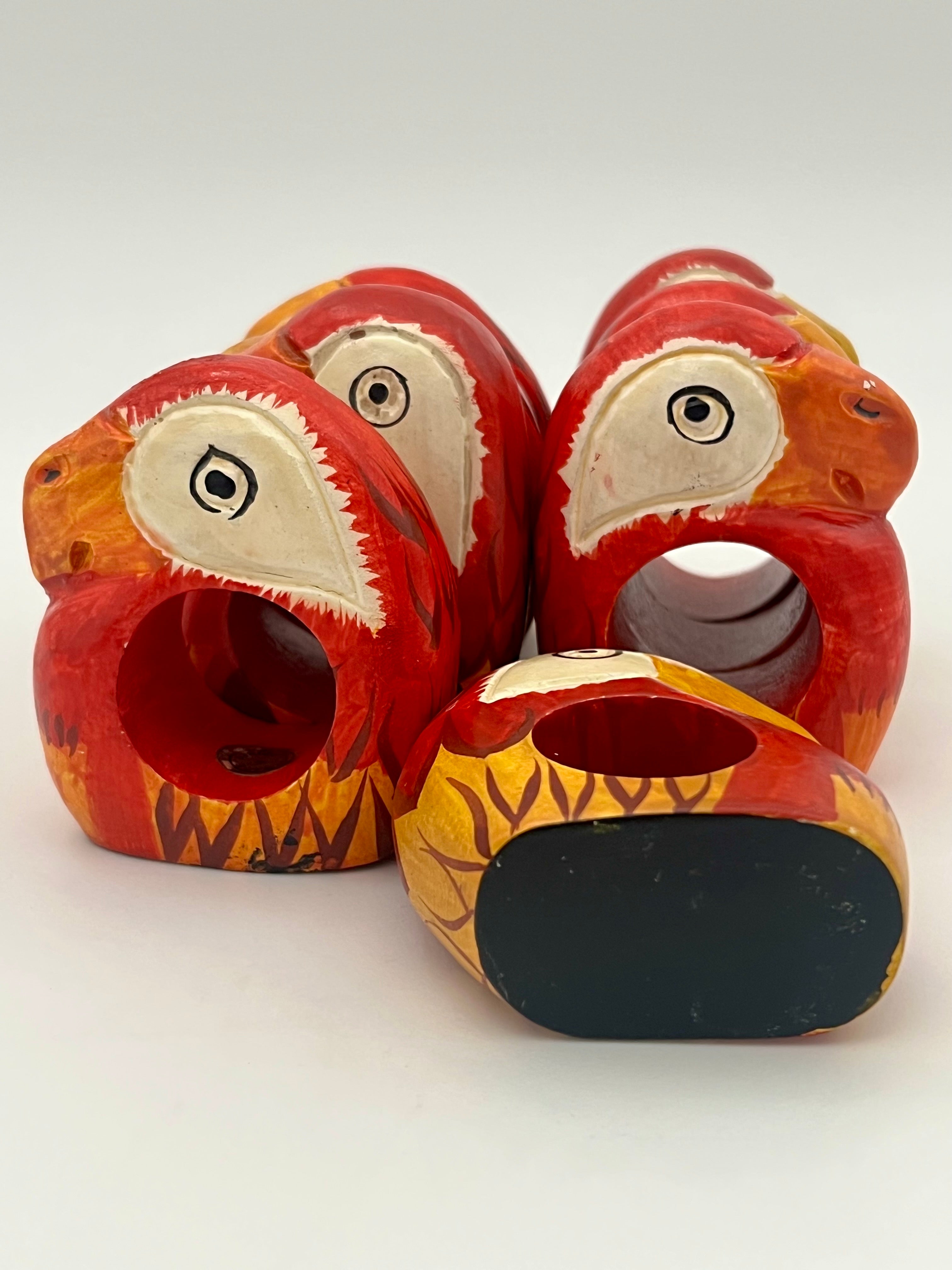 VINTAGE HAND CARVED PARROT NAPKIN RINGS SET OF 8 — MADE IN THE PHILIPPINES — 1970s–1990s FOLK ART WOODEN TABLEWARE