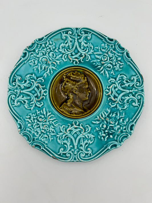 TEAL ANTIQUE MAJOLICA GERMAN PORTRAIT PLATE, CIRCA LATE 1800s