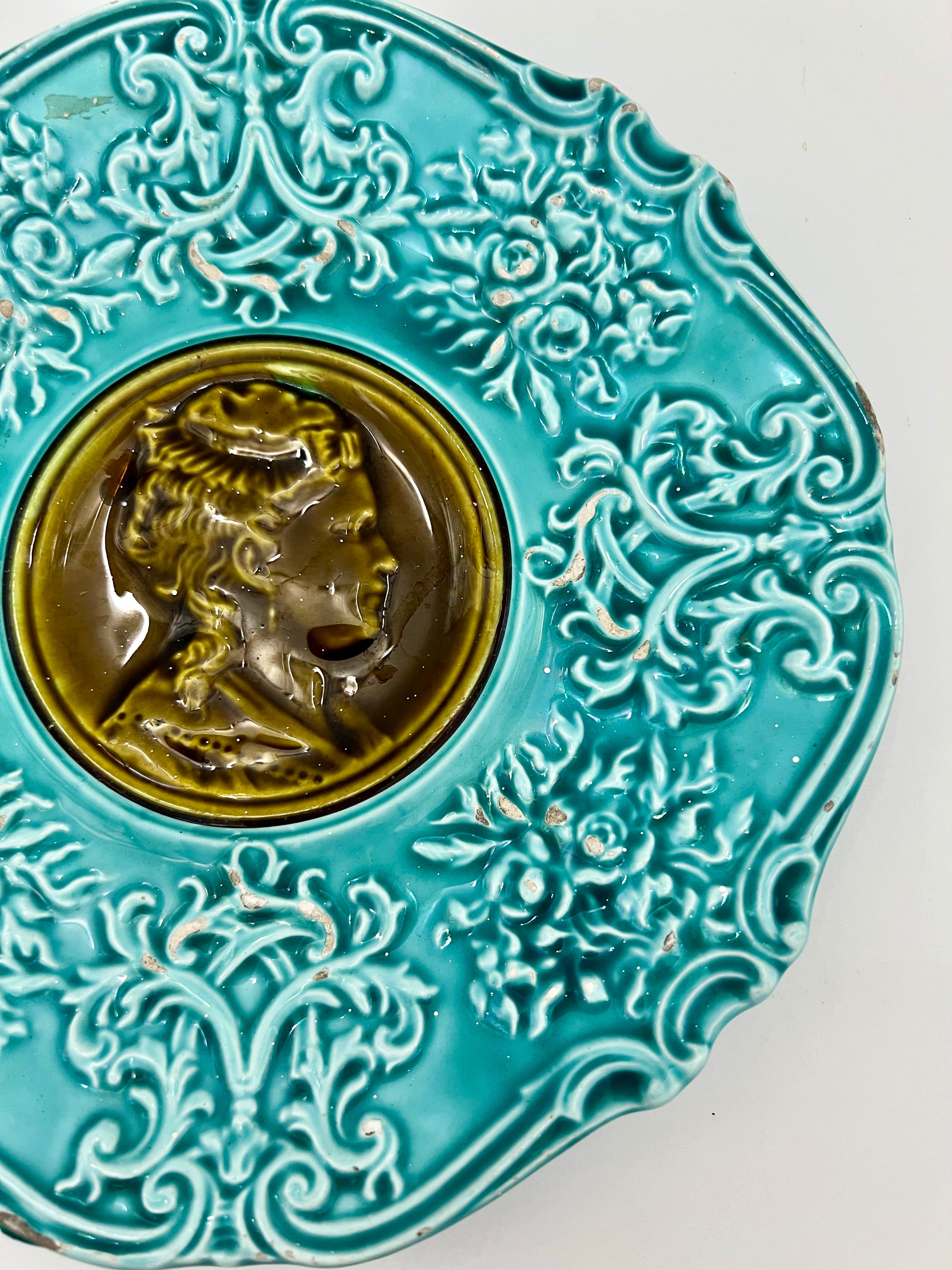 19TH CENTURY VILLEROY & BOCH TURQUOISE MAJOLICA WALL PLATE WITH CLASSICAL PORTRAIT MEDALLION AND ORNATE RELIEF