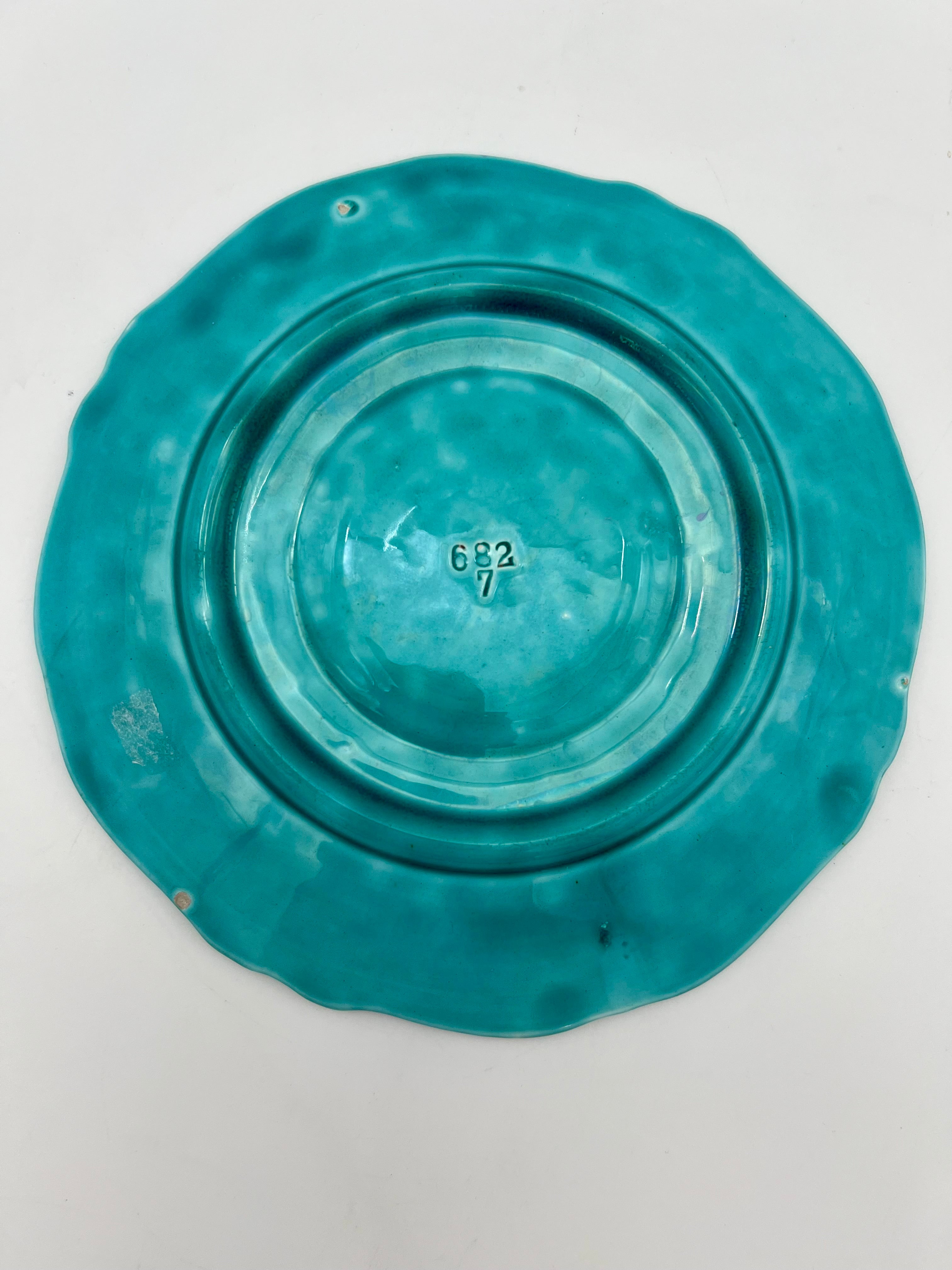 19TH CENTURY VILLEROY & BOCH TURQUOISE MAJOLICA WALL PLATE WITH CLASSICAL PORTRAIT MEDALLION AND ORNATE RELIEF