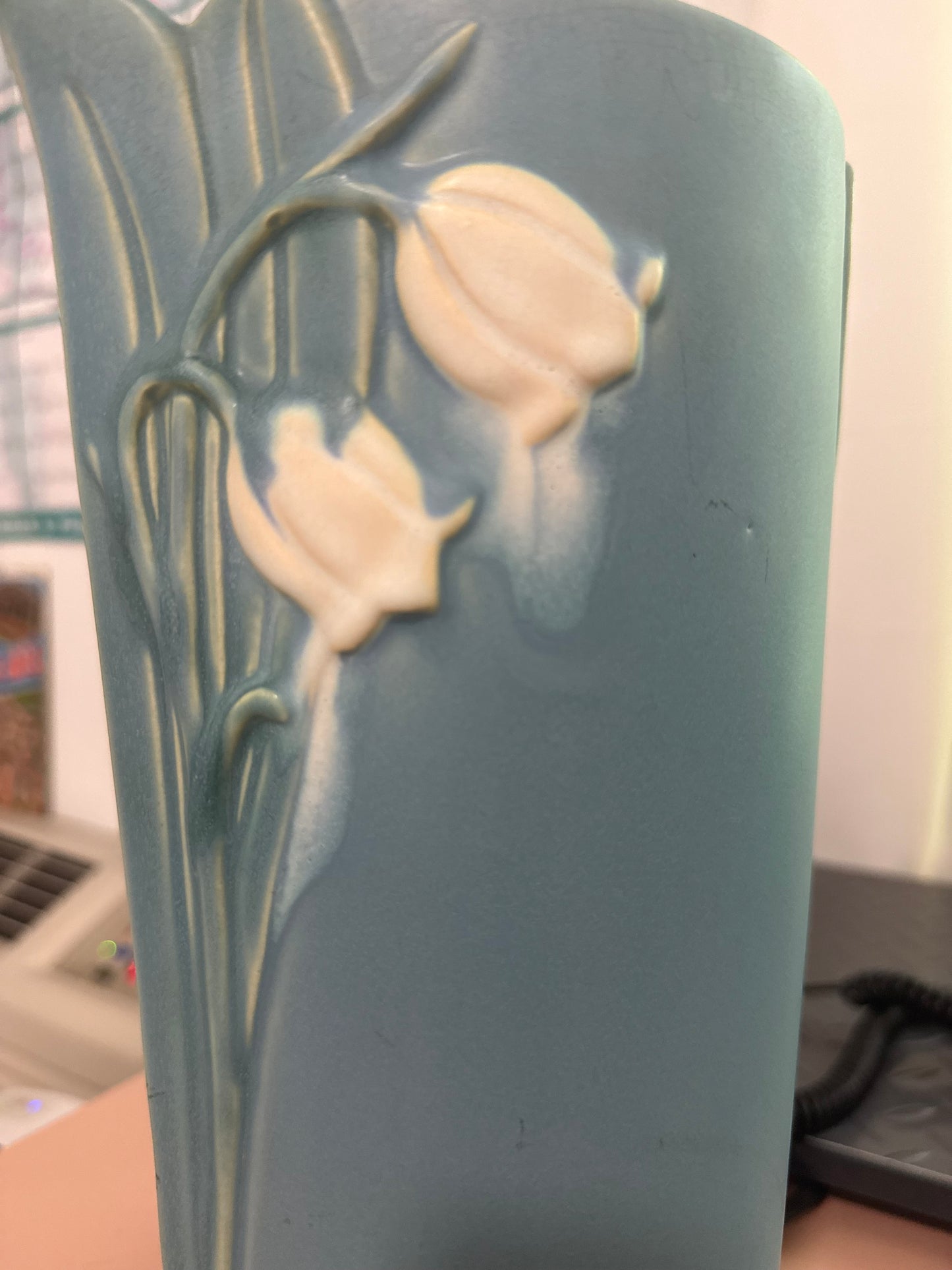 EARLY 1930s WELLER ART DECO SKY BLUE AND IVORY LILY OF THE VALLEY VASE