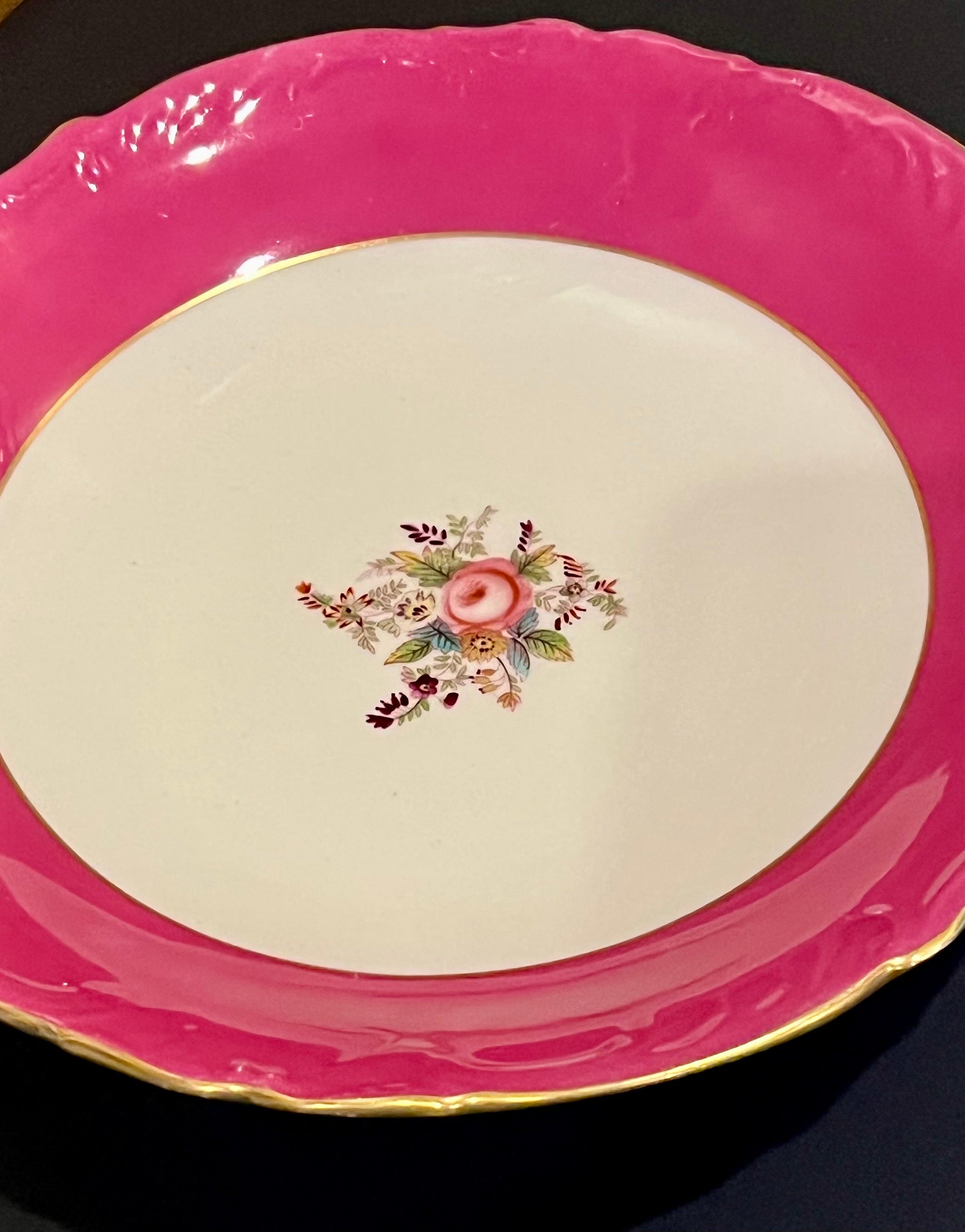 VINTAGE ENGLISH BONE CHINA FUCHSIA FLORAL PEDESTAL PLATES (SET OF 4)