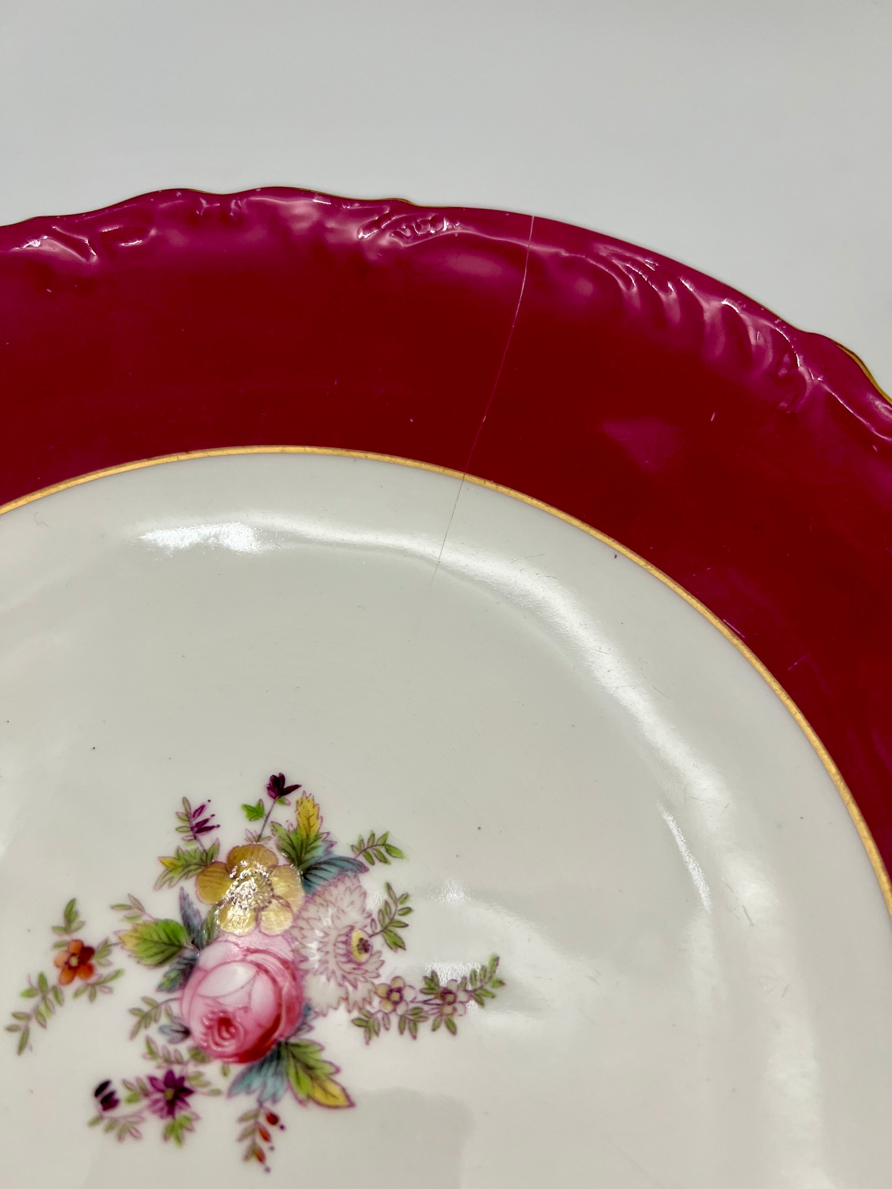 VINTAGE ENGLISH BONE CHINA FUCHSIA FLORAL PEDESTAL PLATES (SET OF 4)