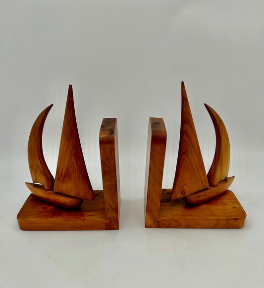 PAIR OF TEAK MIDCENTURY SWIVELING SAILBOAT BOOK ENDS, CIRCA 1965