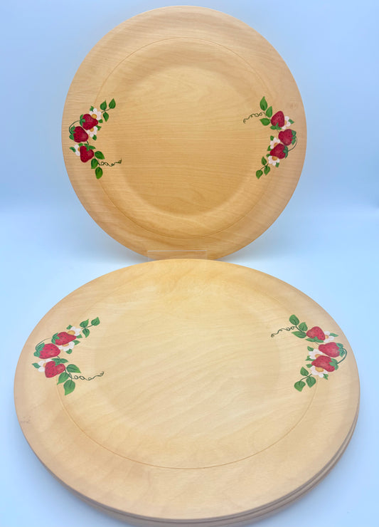 SET OF 4 WOODEN CHARGERS/PLATTERS WITH STRAWBERRIES