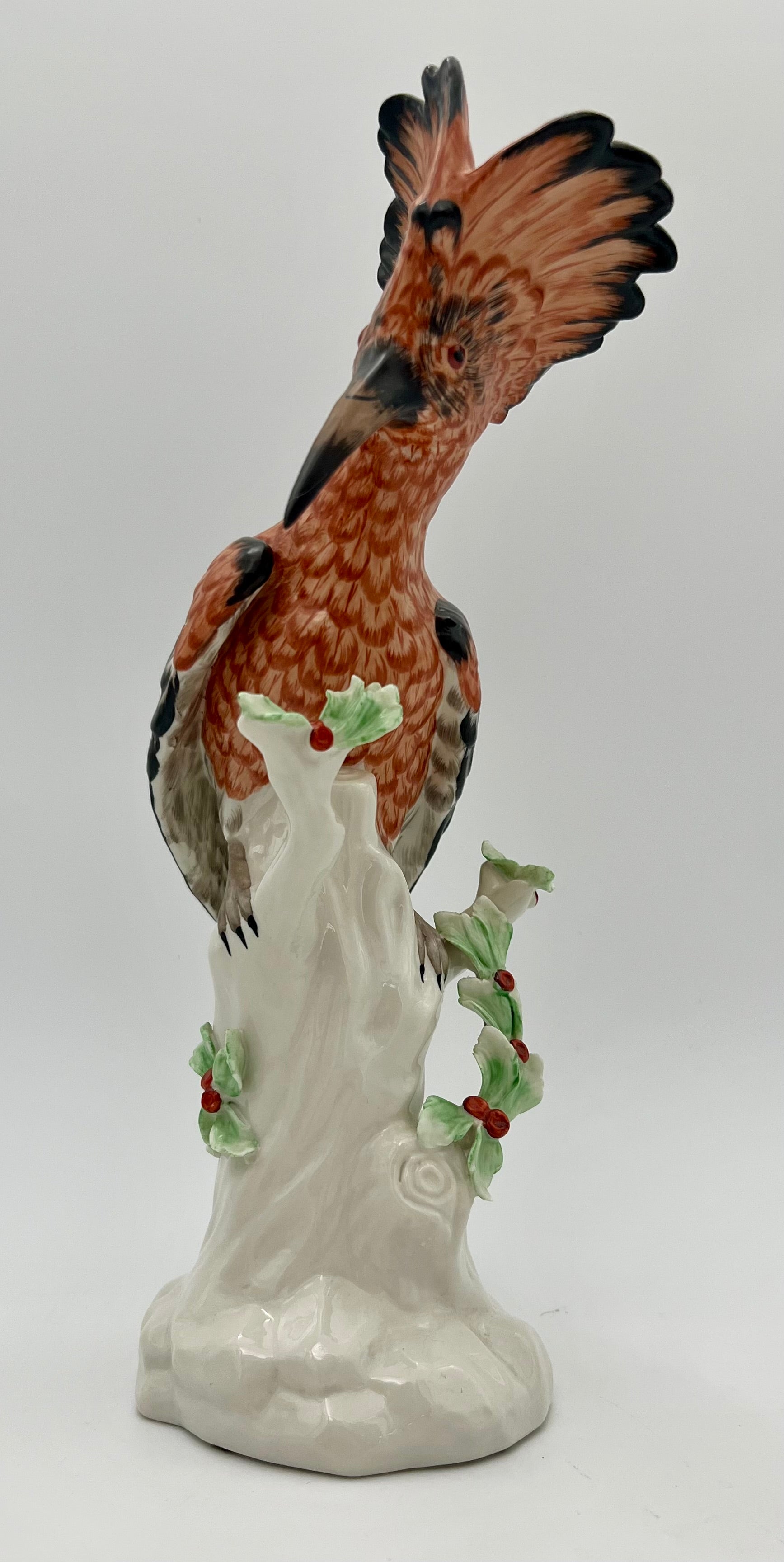 German Dresden-Style Hoopoe Bird Porcelain Figurine, Exotic Bird on Stump, 12” Tall