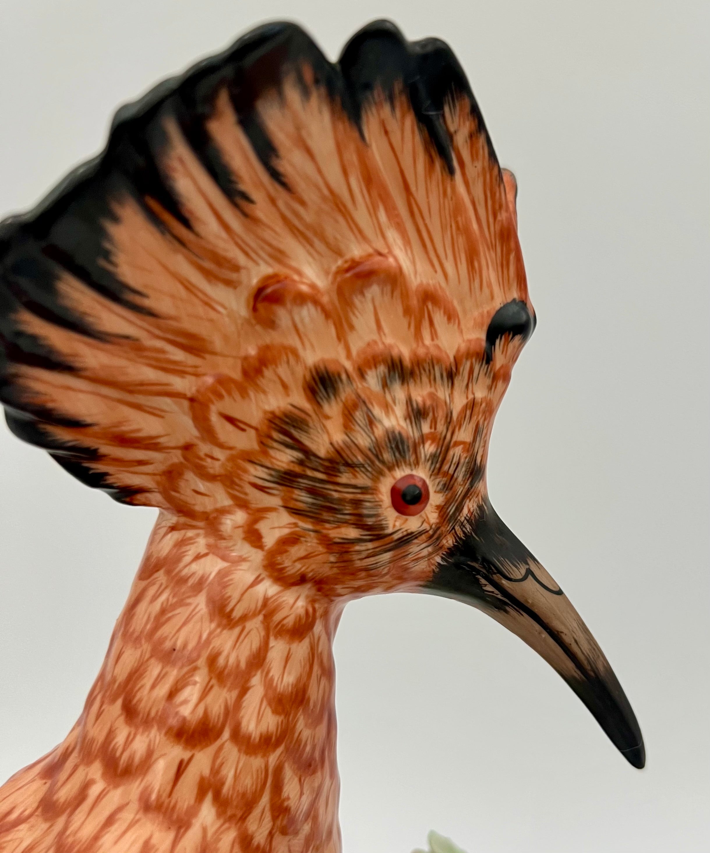 German Dresden-Style Hoopoe Bird Porcelain Figurine, Exotic Bird on Stump, 12” Tall