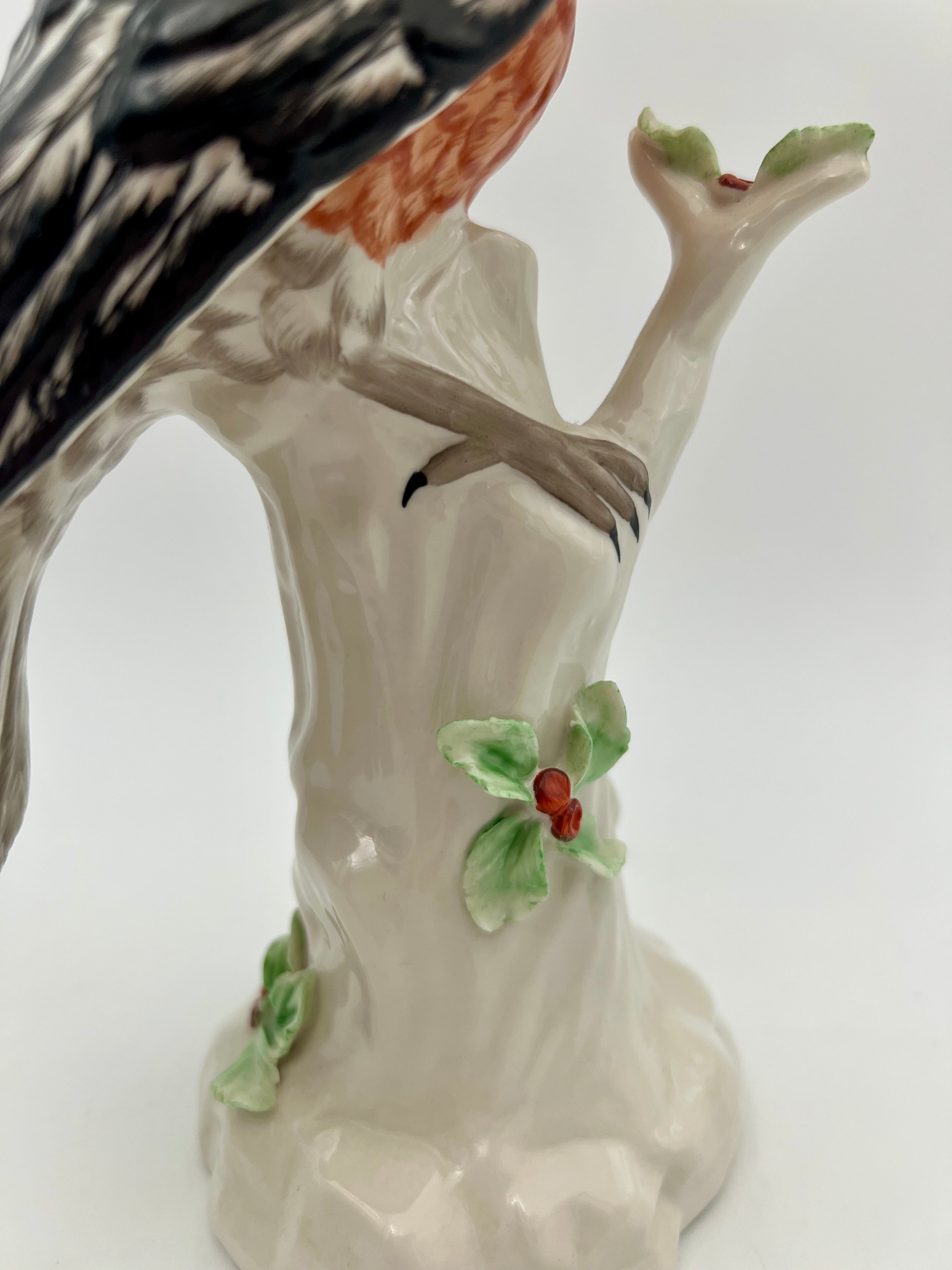 German Dresden-Style Hoopoe Bird Porcelain Figurine, Exotic Bird on Stump, 12” Tall