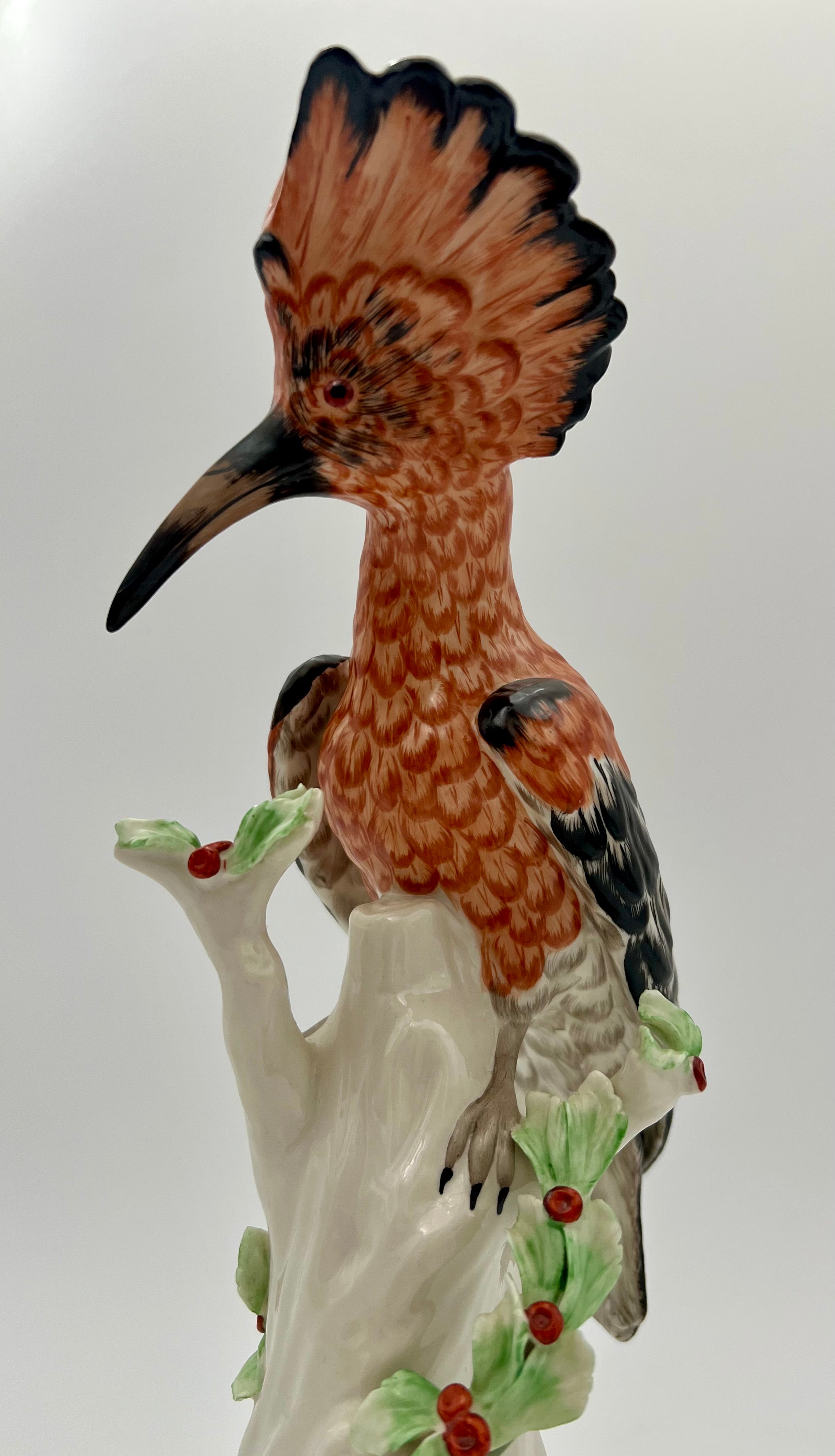 German Dresden-Style Hoopoe Bird Porcelain Figurine, Exotic Bird on Stump, 12” Tall