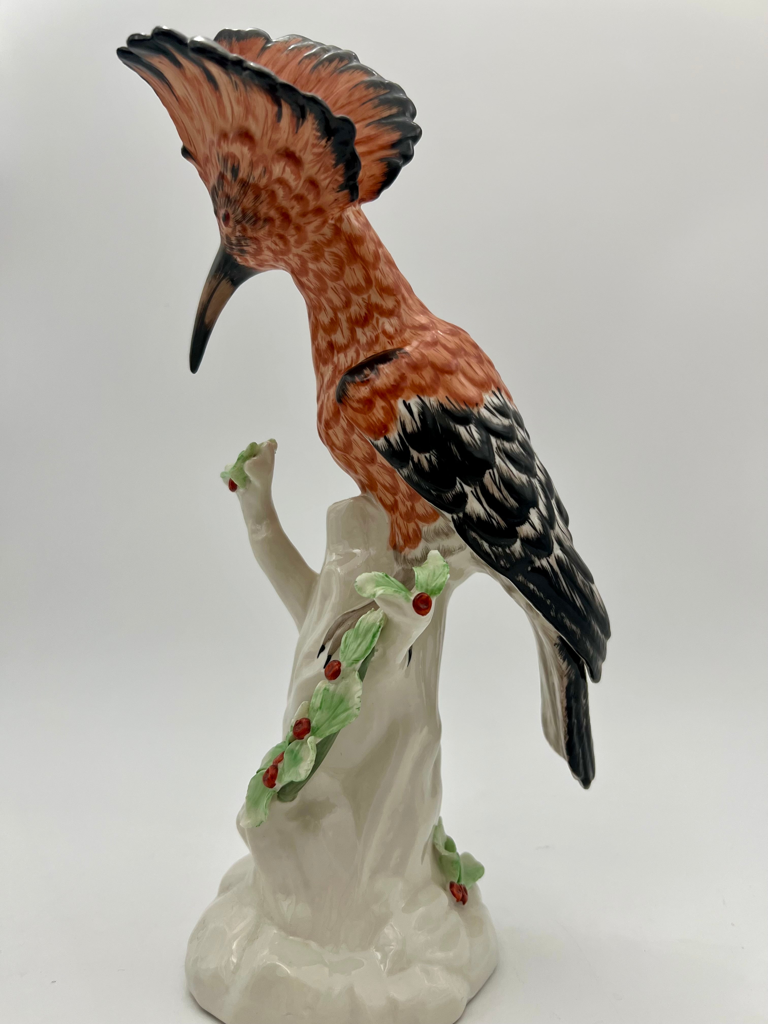 German Dresden-Style Hoopoe Bird Porcelain Figurine, Exotic Bird on Stump, 12” Tall