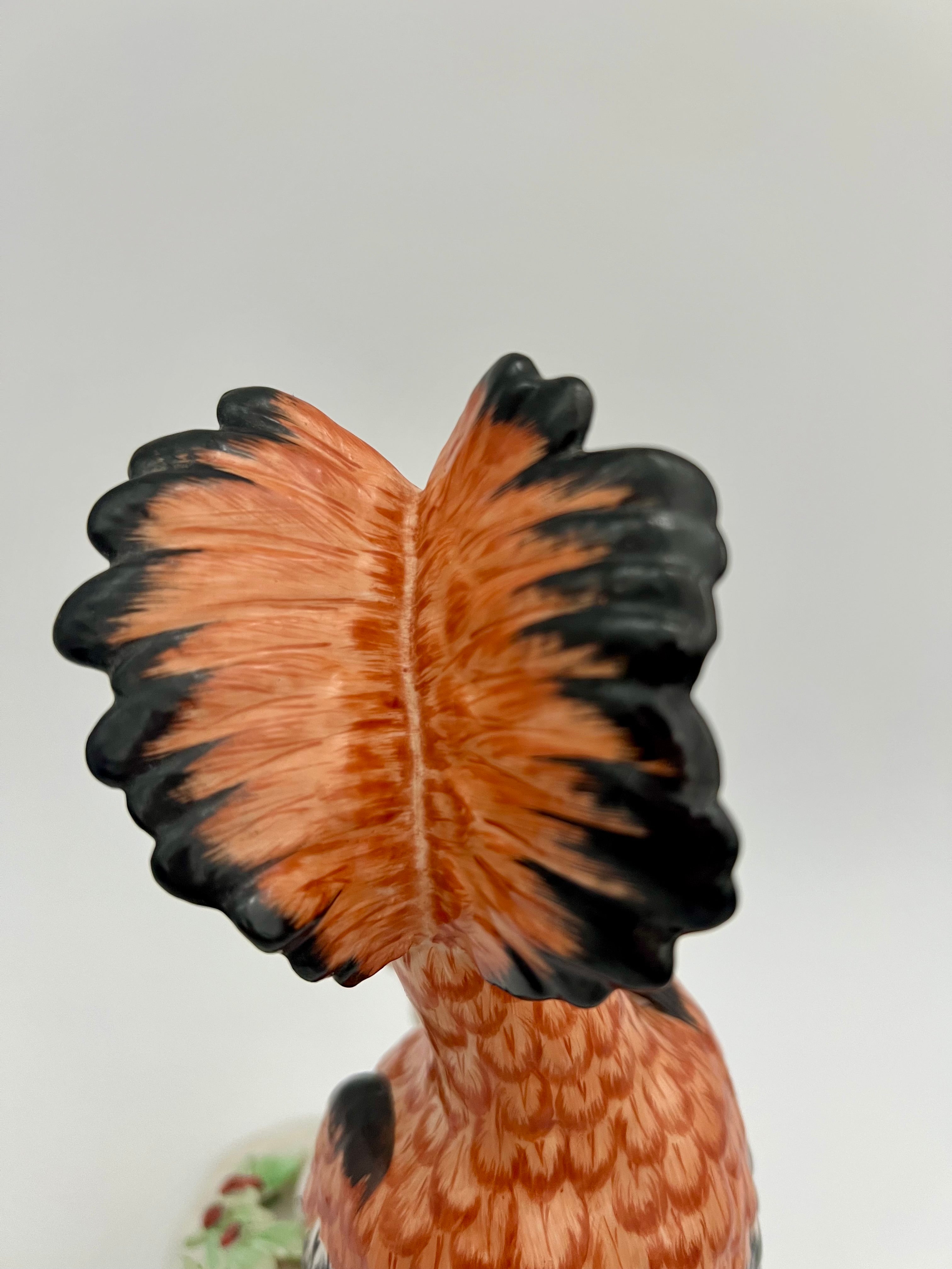 German Dresden-Style Hoopoe Bird Porcelain Figurine, Exotic Bird on Stump, 12” Tall