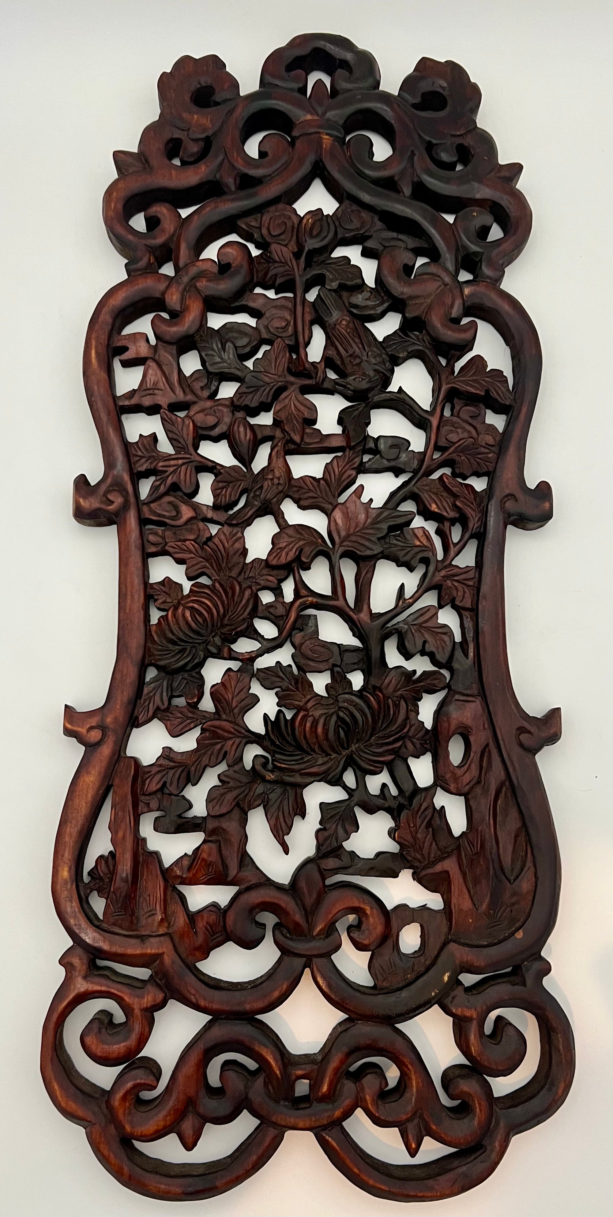 Antique Chinese Hand-Carved Hardwood Panel – Birds, Chrysanthemums & Foliage (24”)