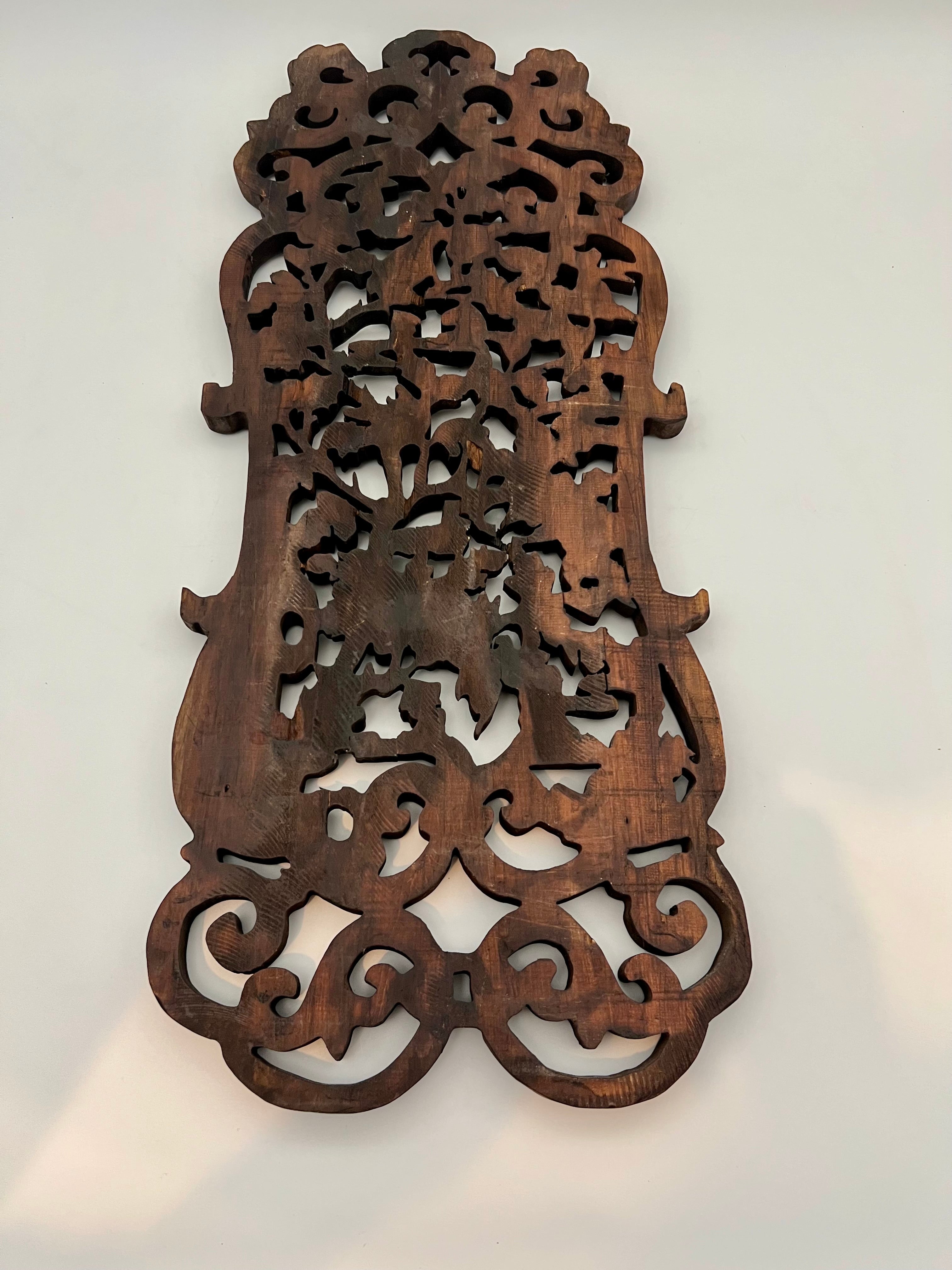 Antique Chinese Hand-Carved Hardwood Panel – Birds, Chrysanthemums & Foliage (24”)