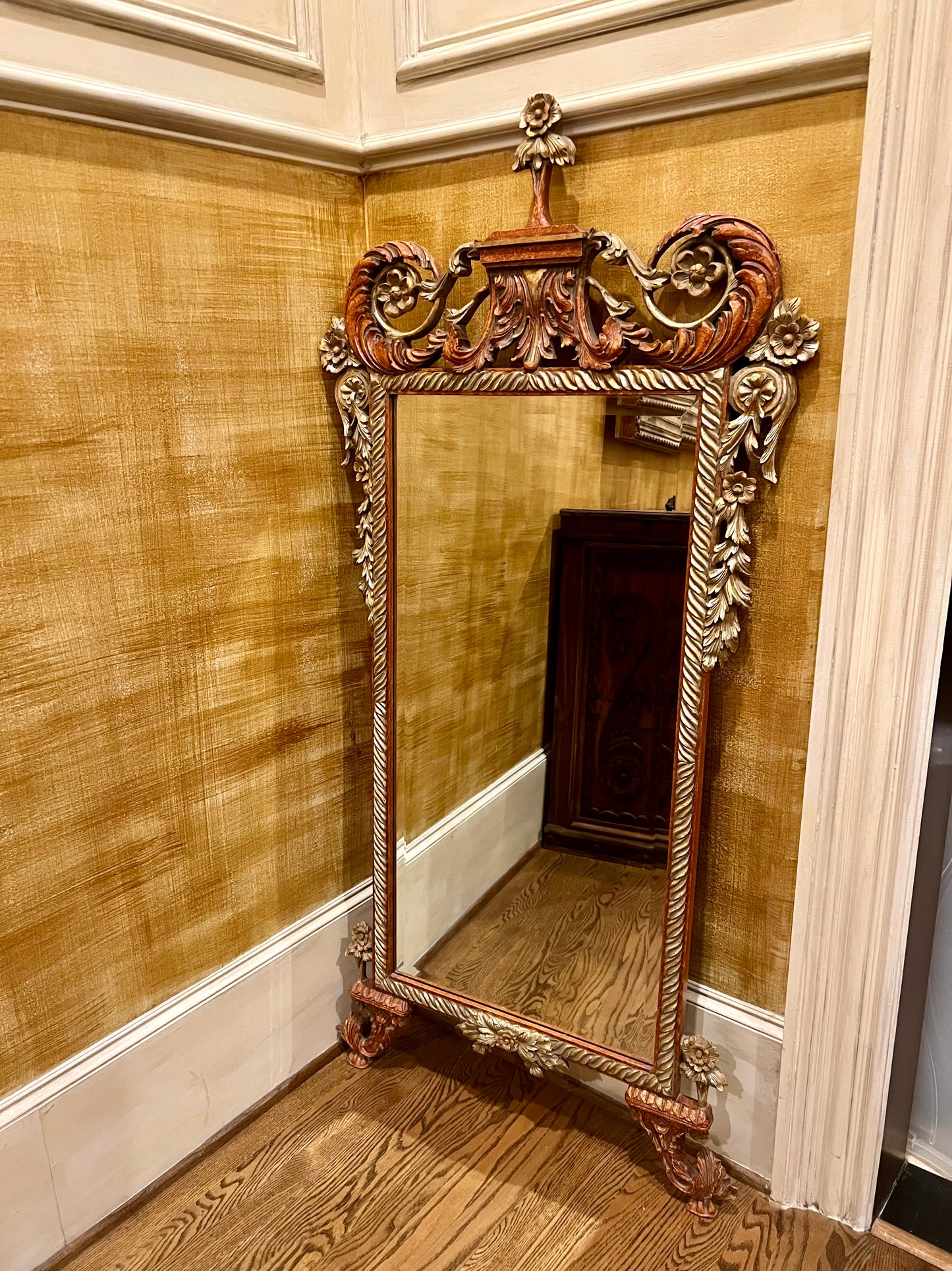 ANTIQUE ROCOCO STYLE REGENCY PAGODA RUST/GOLD CARVED WOOD TALL MIRROR
