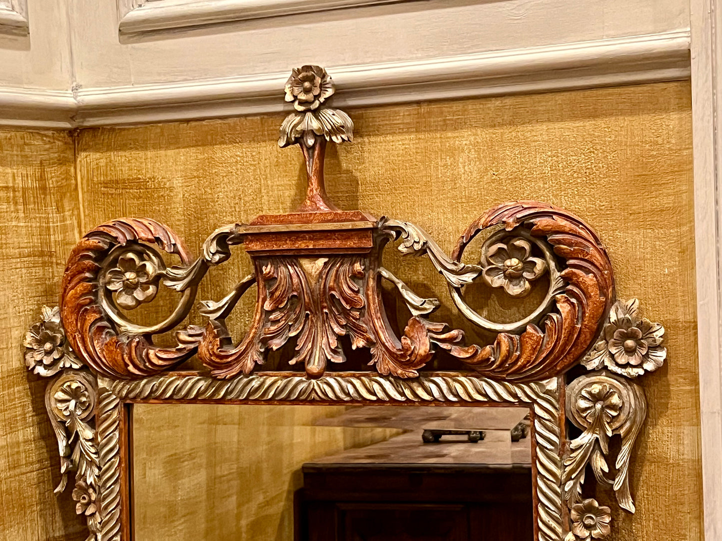 ANTIQUE ROCOCO STYLE REGENCY PAGODA RUST/GOLD CARVED WOOD TALL MIRROR
