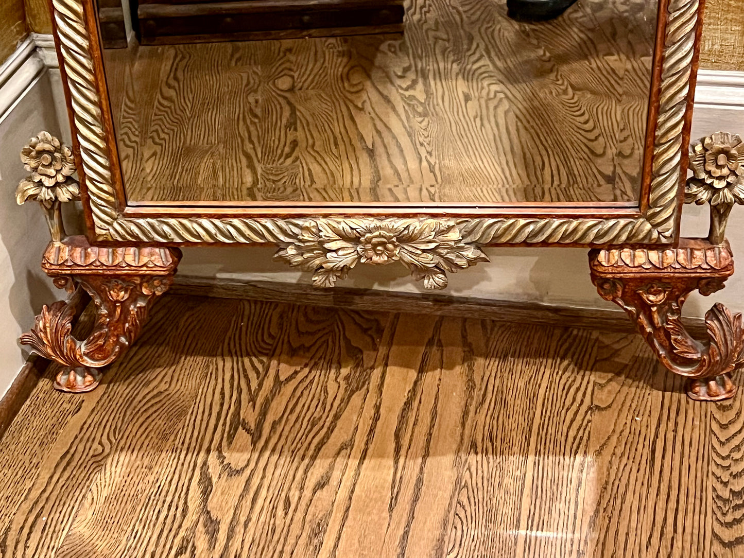 ANTIQUE ROCOCO STYLE REGENCY PAGODA RUST/GOLD CARVED WOOD TALL MIRROR