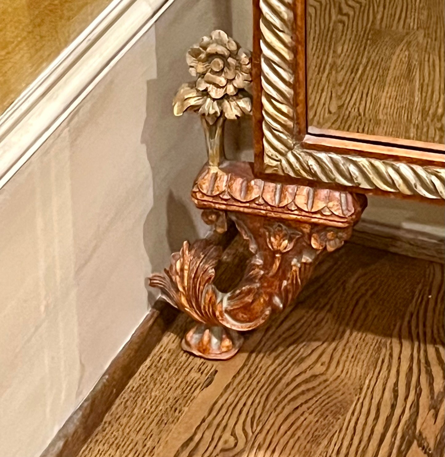 ANTIQUE ROCOCO STYLE REGENCY PAGODA RUST/GOLD CARVED WOOD TALL MIRROR