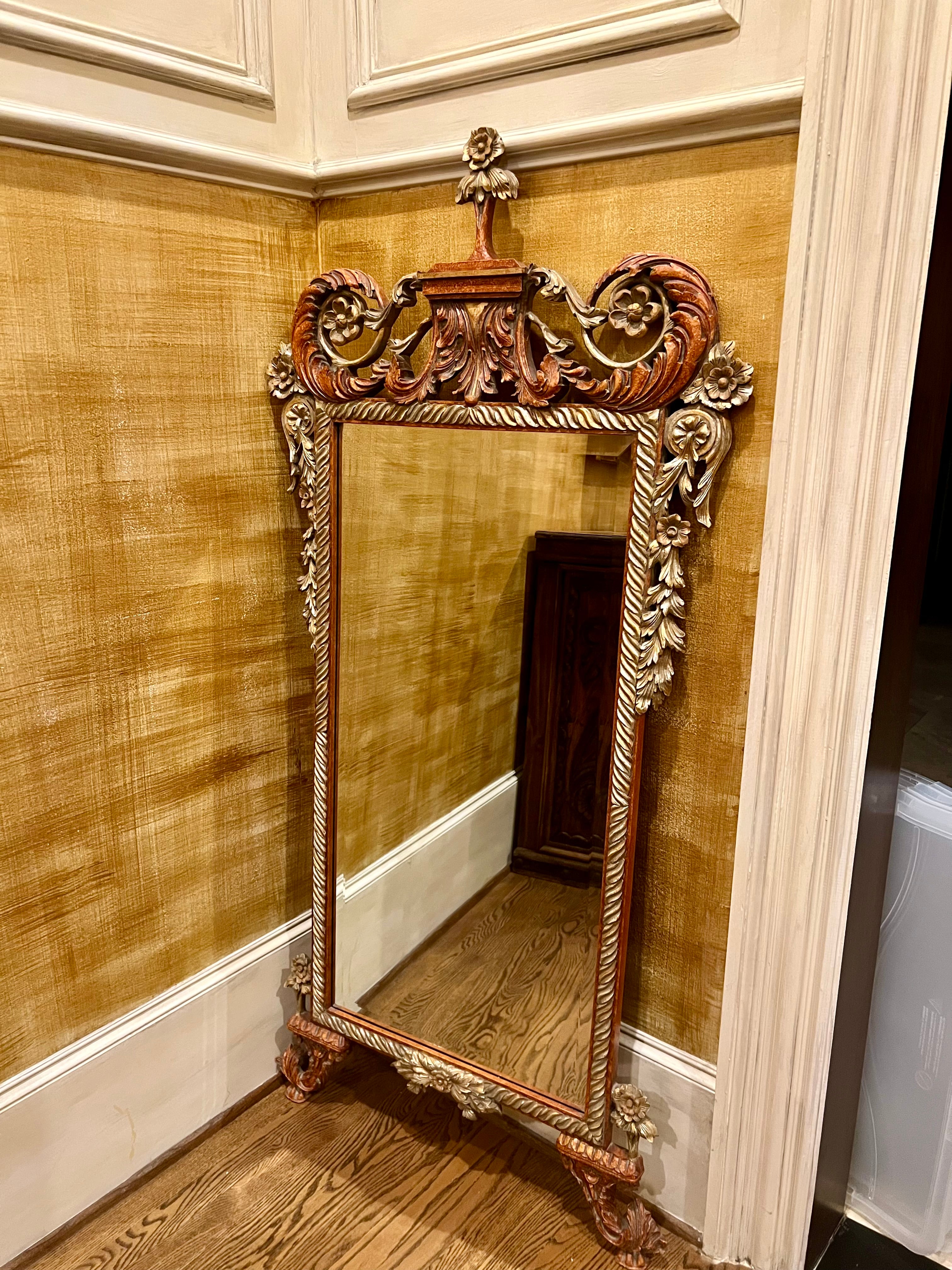 ANTIQUE FLORENTINE CARVED WOOD & GILT MIRROR – ITALIAN ROCOCO REVIVAL – CIRCA 1880–1910 – ORNATE FULL LENGTH 62 INCH