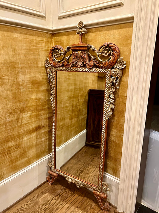 ANTIQUE ROCOCO STYLE REGENCY PAGODA RUST/GOLD CARVED WOOD TALL MIRROR