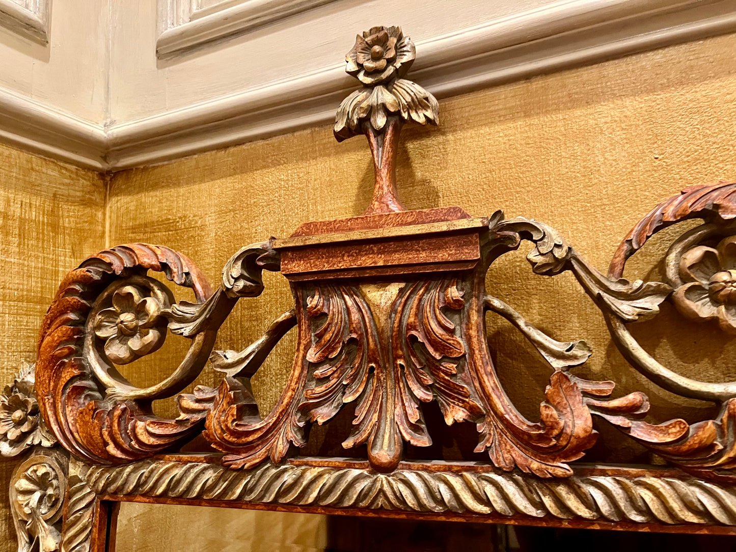 ANTIQUE ROCOCO STYLE REGENCY PAGODA RUST/GOLD CARVED WOOD TALL MIRROR