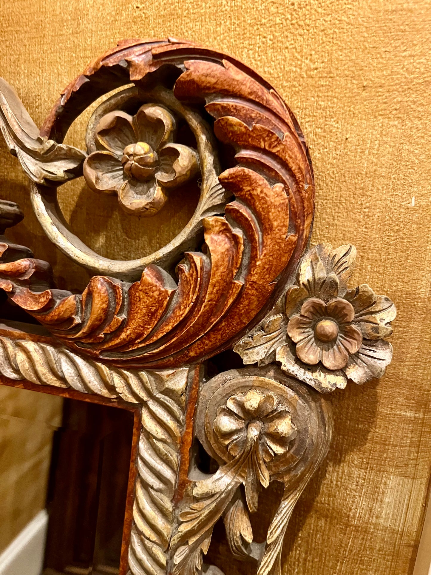 ANTIQUE ROCOCO STYLE REGENCY PAGODA RUST/GOLD CARVED WOOD TALL MIRROR
