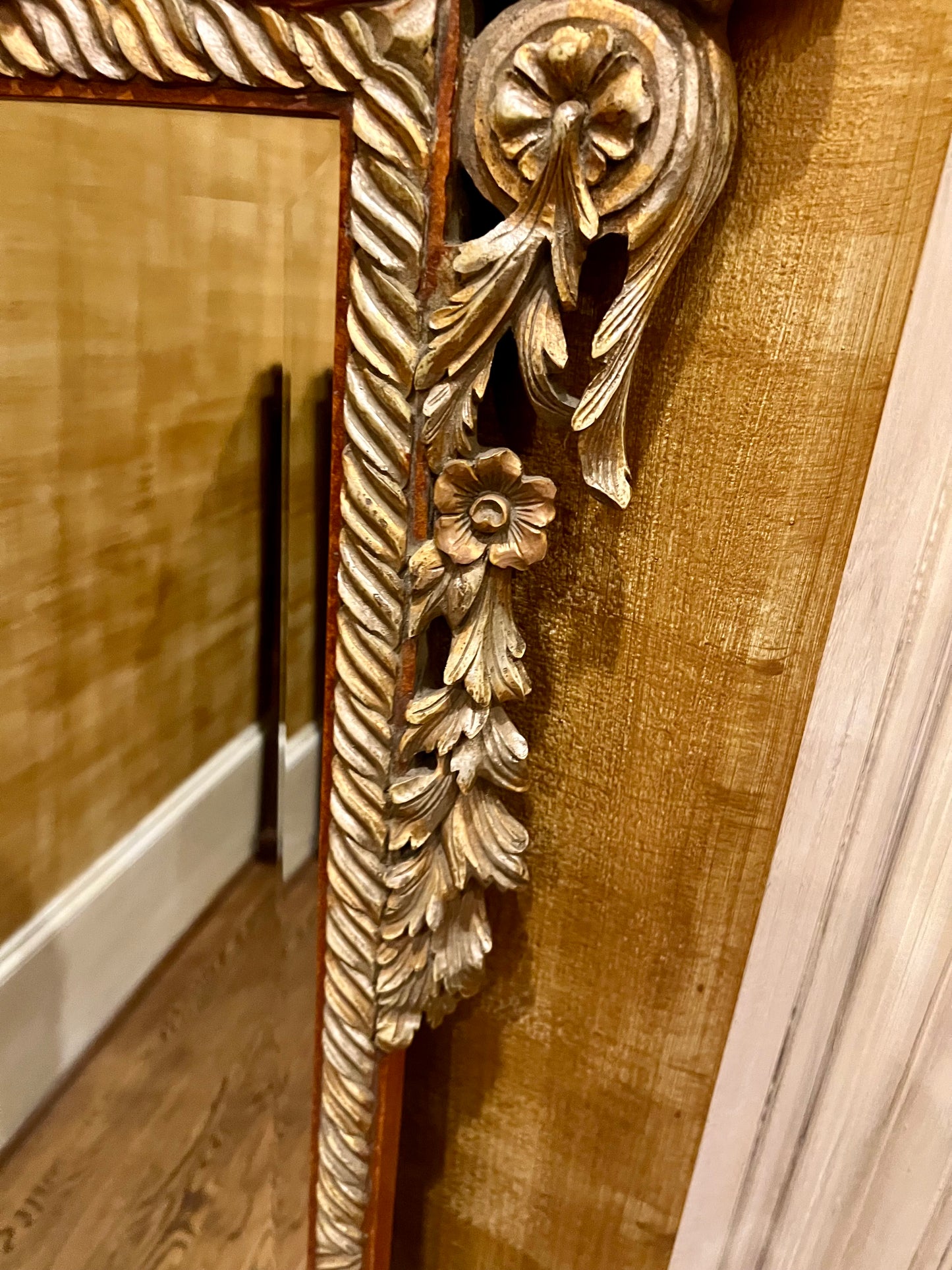 ANTIQUE ROCOCO STYLE REGENCY PAGODA RUST/GOLD CARVED WOOD TALL MIRROR
