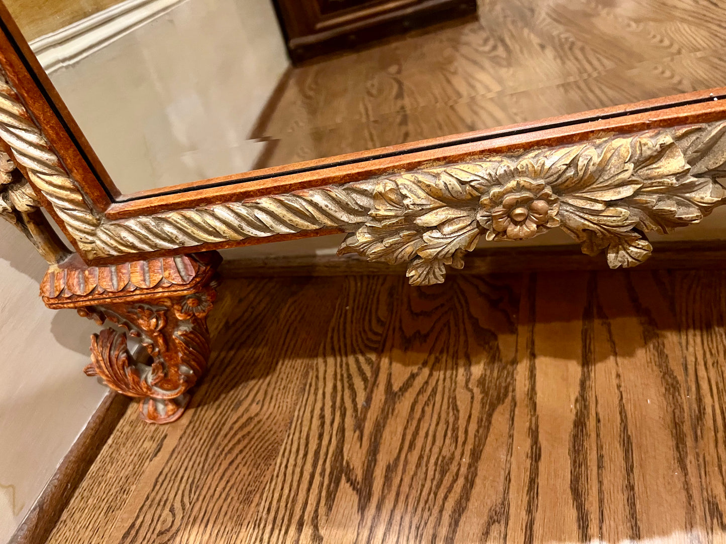ANTIQUE ROCOCO STYLE REGENCY PAGODA RUST/GOLD CARVED WOOD TALL MIRROR